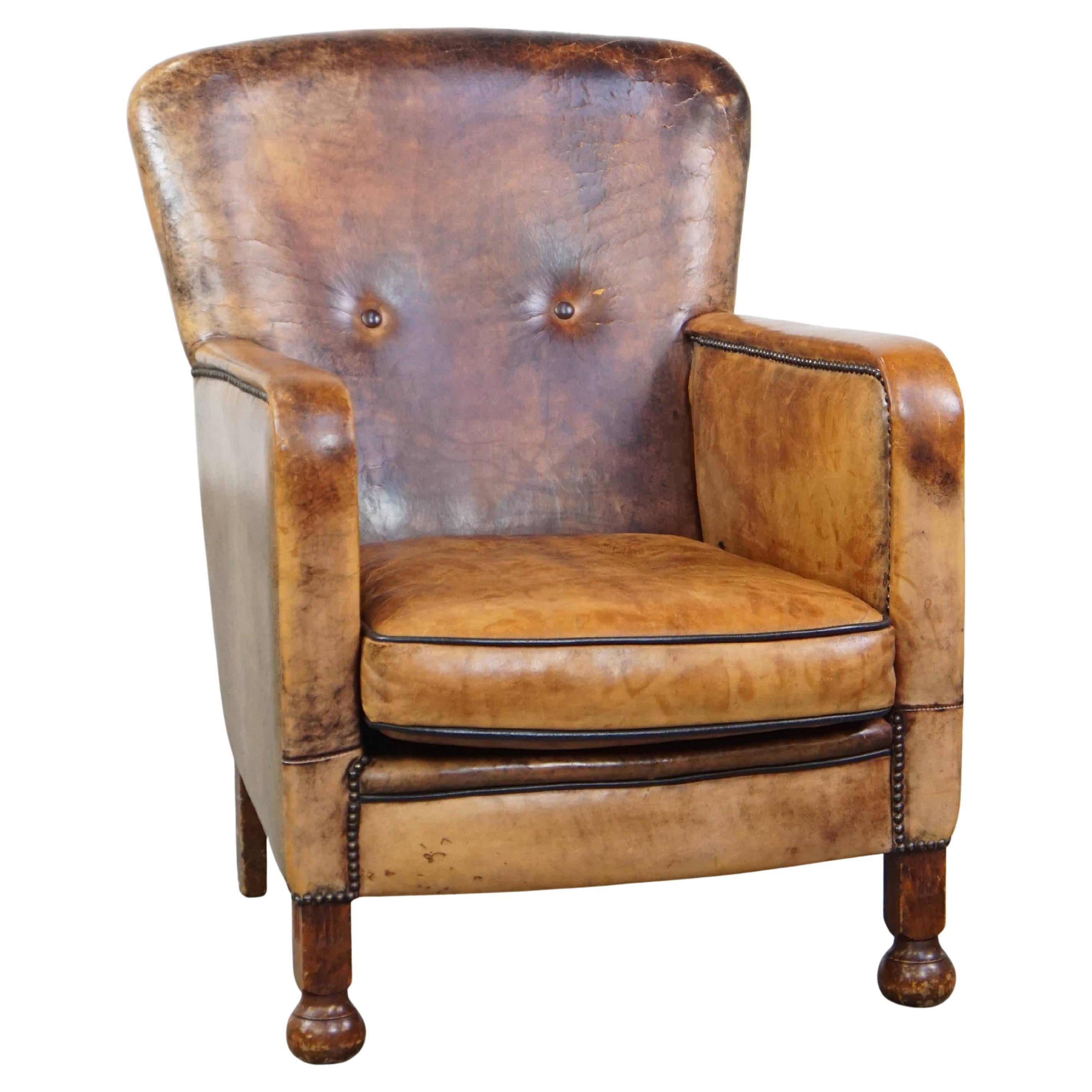 Unique Old Sheepskin Leather Armchair