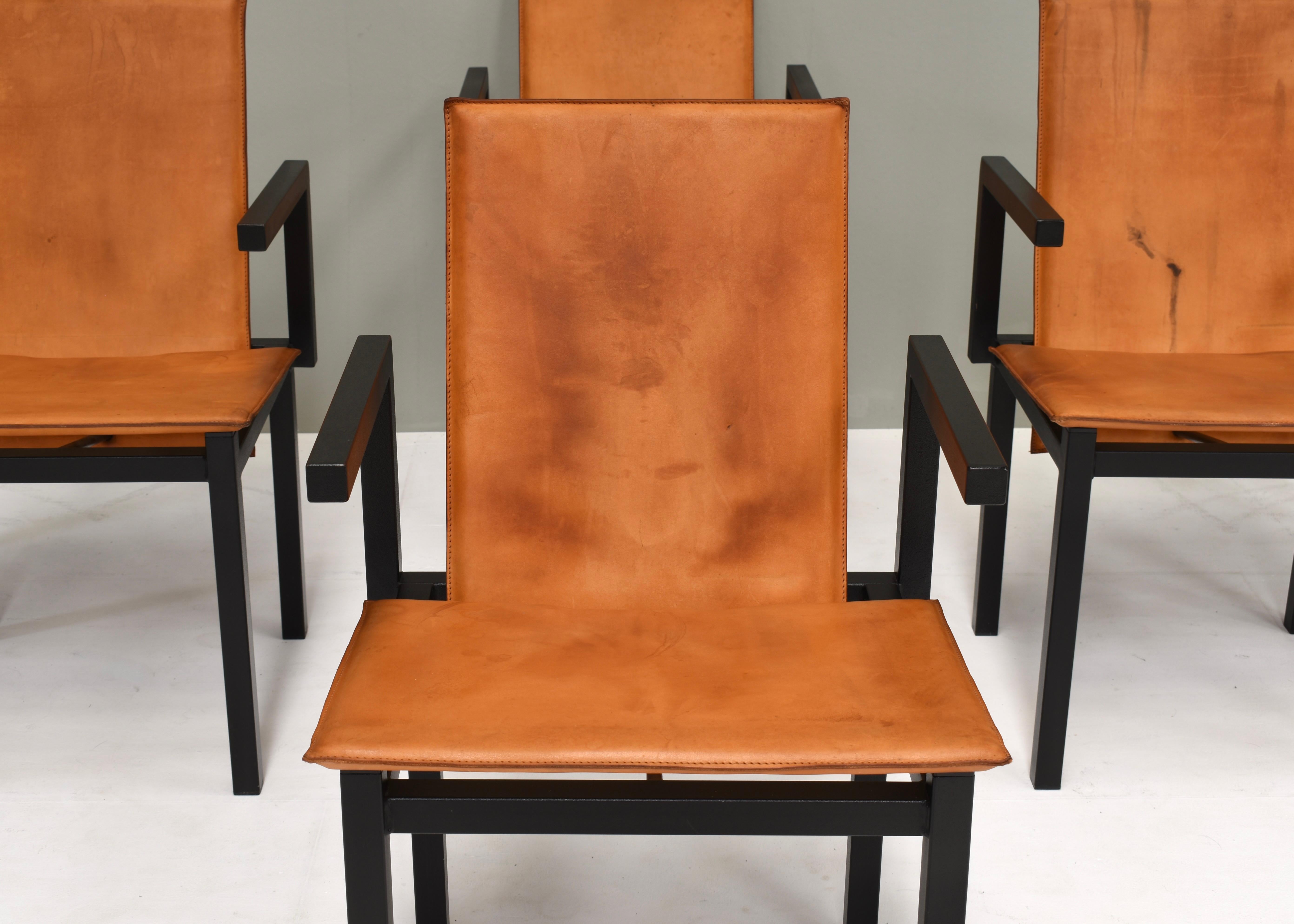 Unique one of a kind set of six dining chairs in tan cognac leather, circa 1970 For Sale 4
