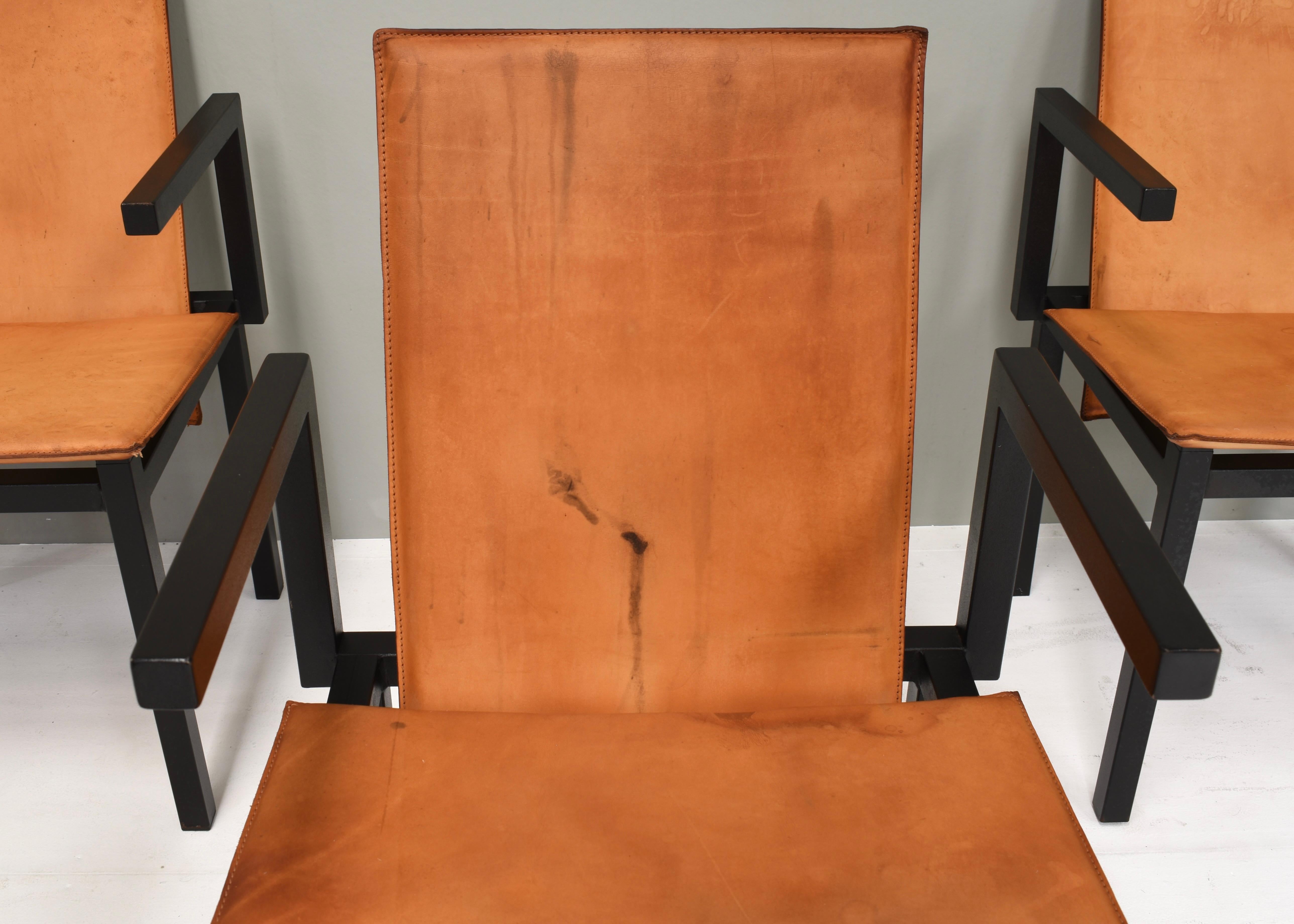 Unique one of a kind set of six dining chairs in tan cognac leather, circa 1970 For Sale 6