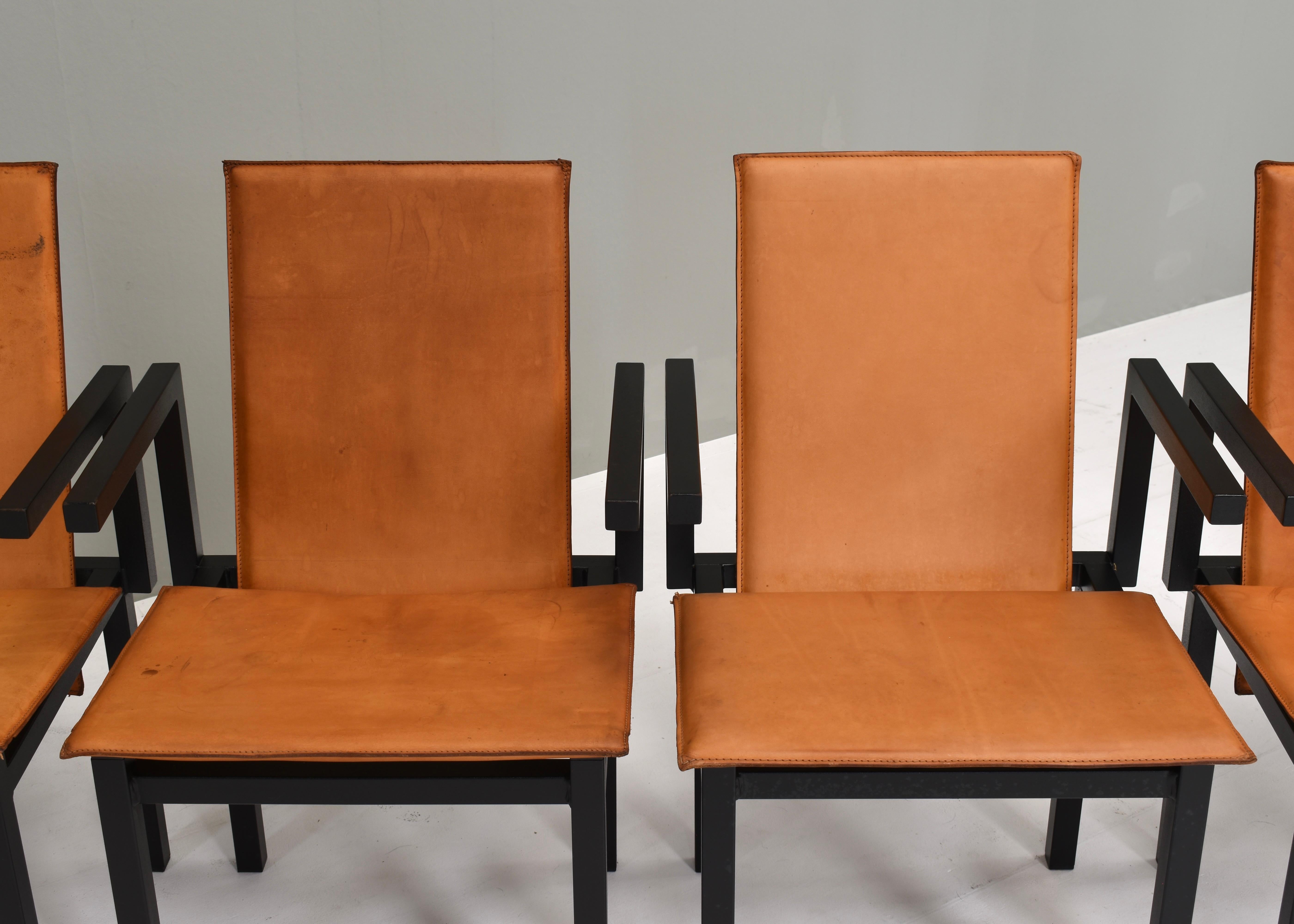 Unique one of a kind set of six dining chairs in tan cognac leather, circa 1970 For Sale 12