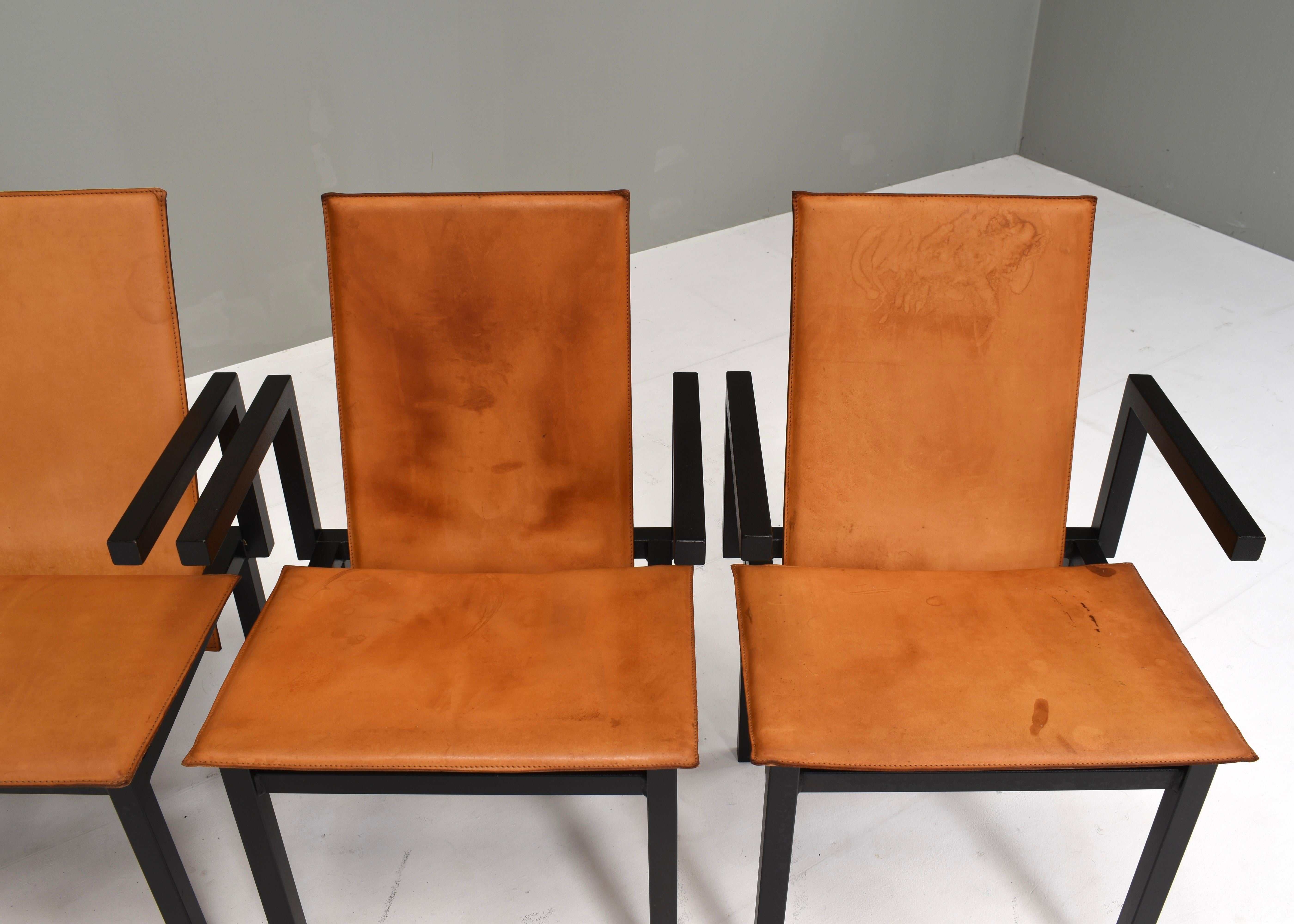 Unique one of a kind set of six dining chairs in tan cognac leather, circa 1970 For Sale 13