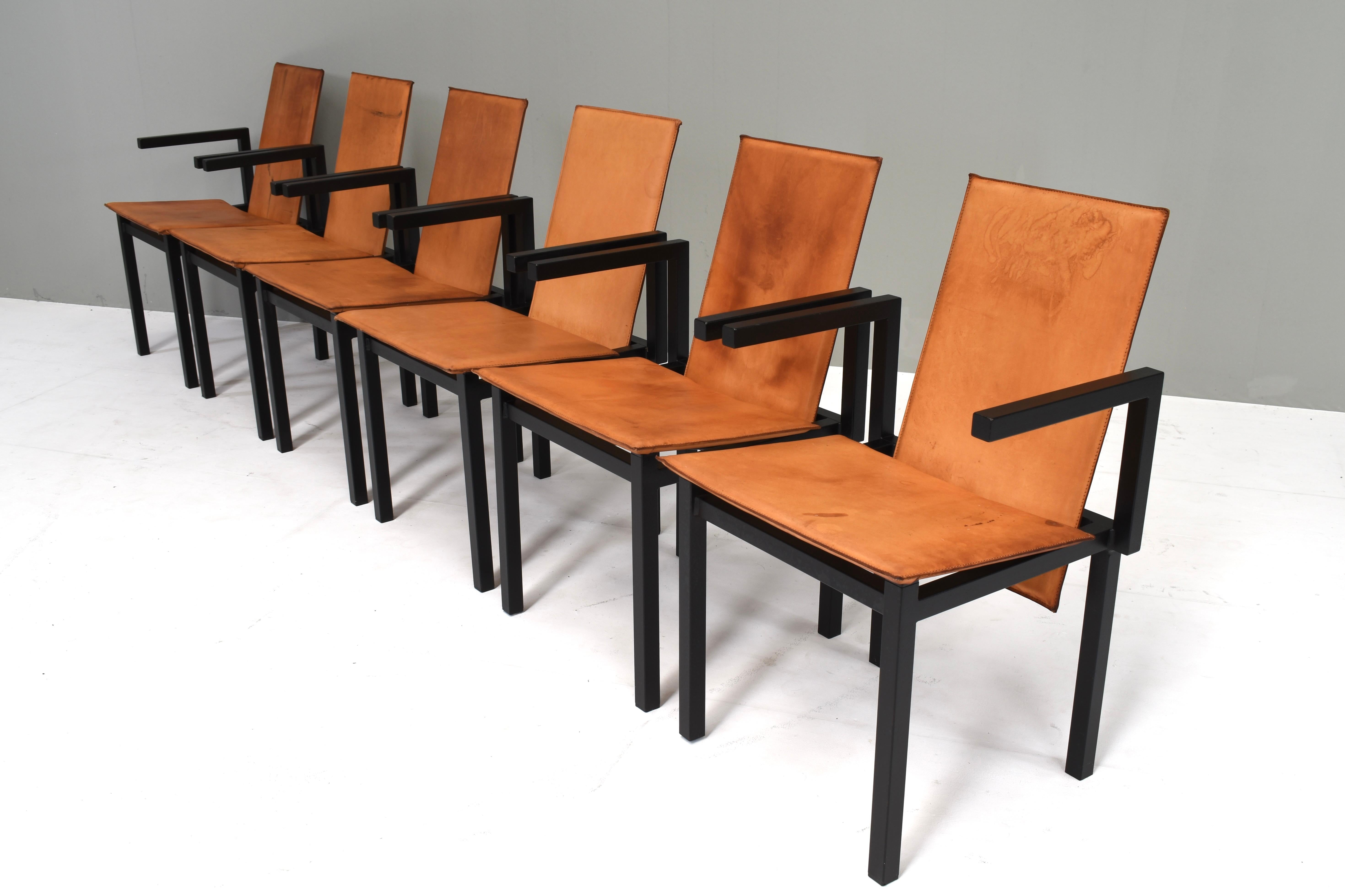 Dutch Unique one of a kind set of six dining chairs in tan cognac leather, circa 1970 For Sale