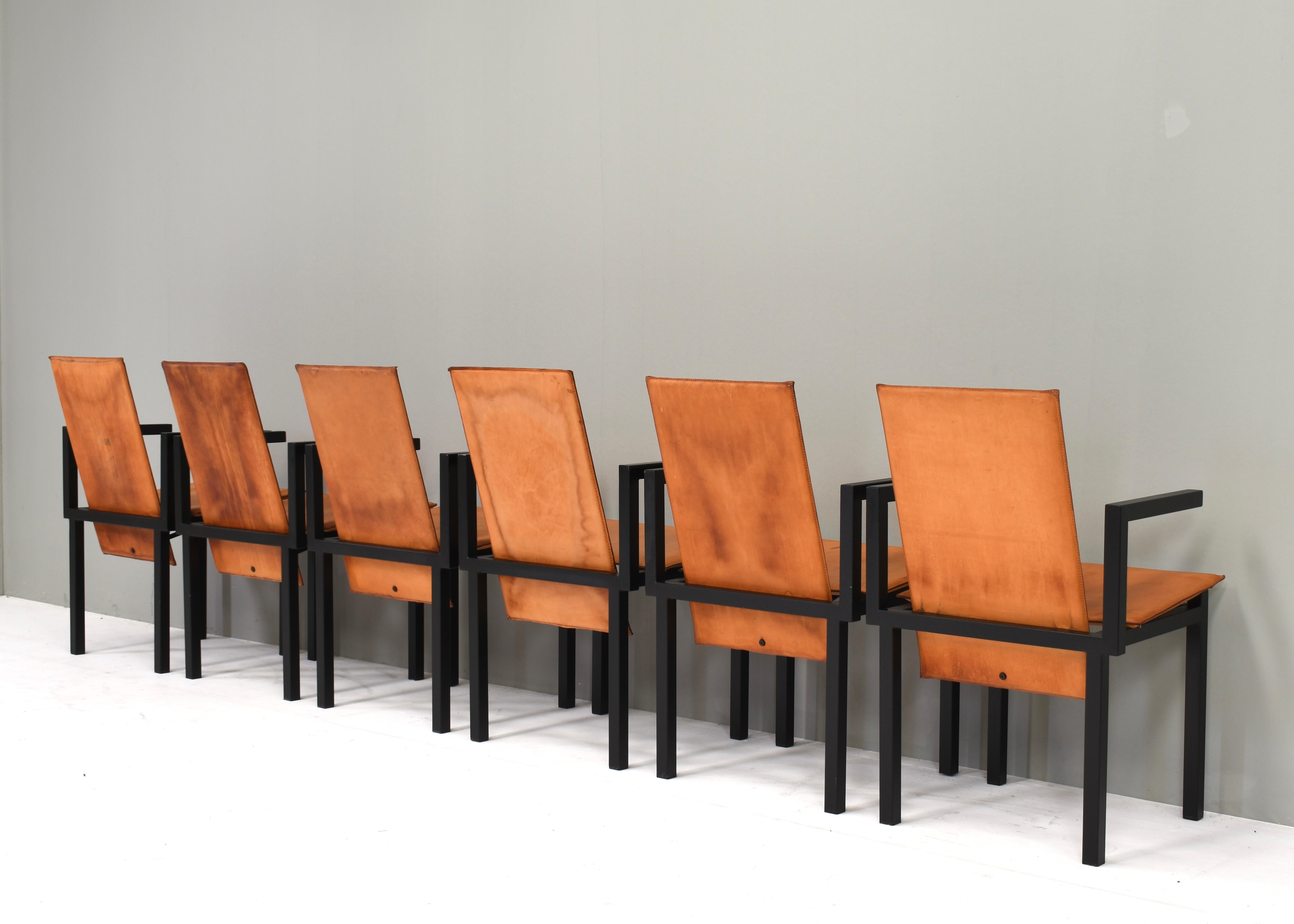 Metal Unique one of a kind set of six dining chairs in tan cognac leather, circa 1970 For Sale