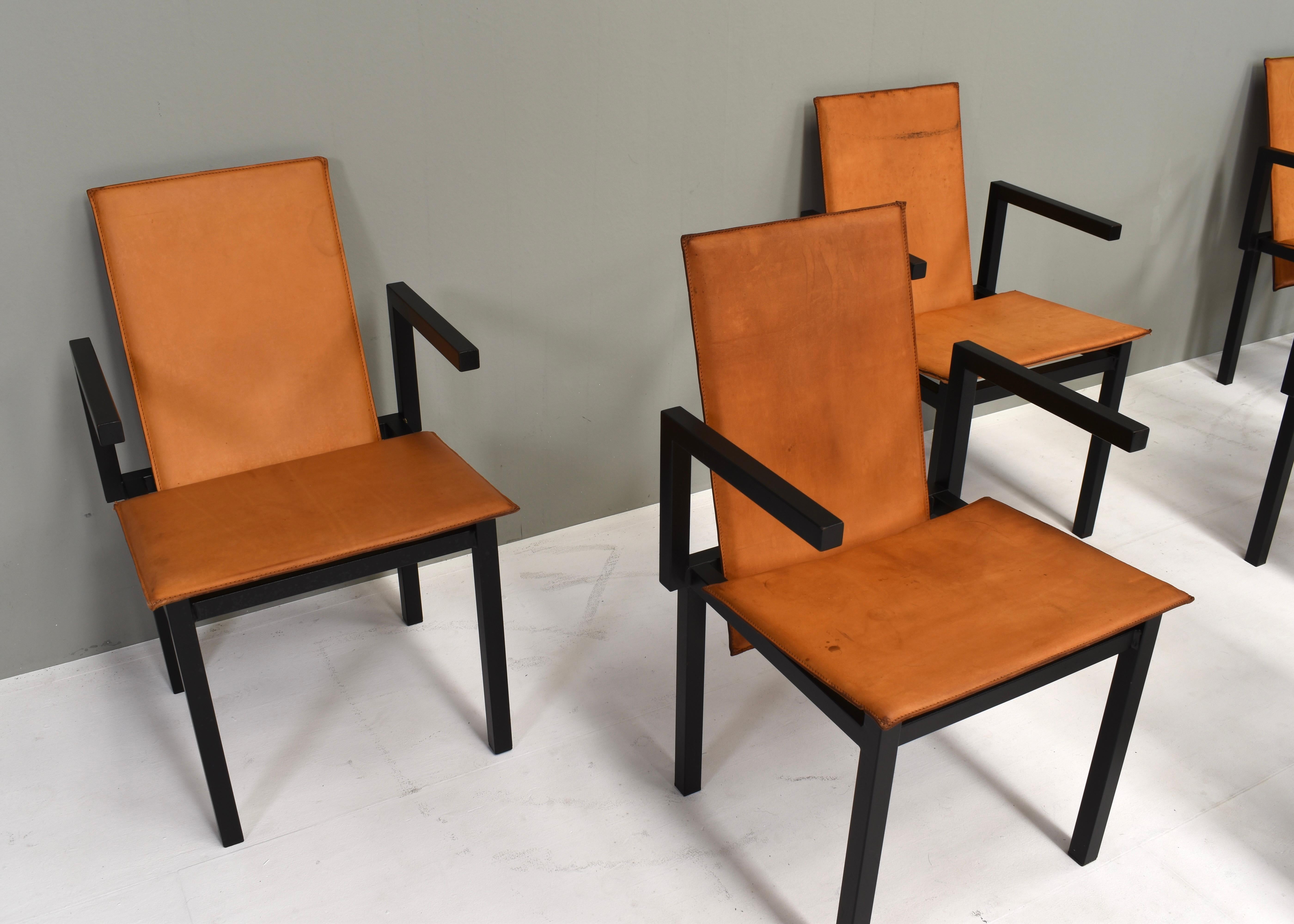 Unique one of a kind set of six dining chairs in tan cognac leather, circa 1970 For Sale 2
