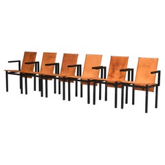 Ensemble unique de six chaises de salle à manger en cuir cognac, circa 1970