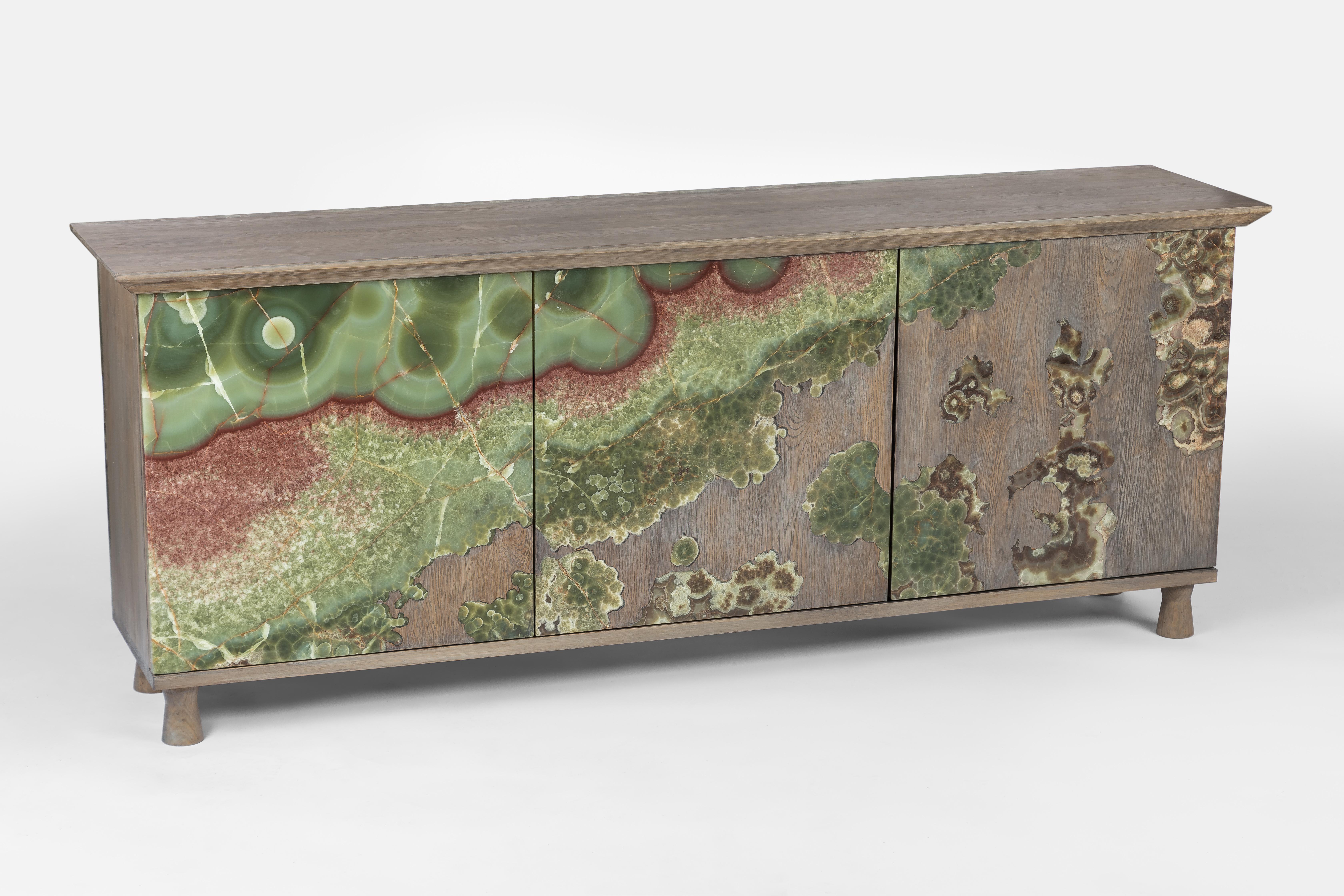 Unique onyx on oak nature cabinet sculpted by Francesco Perini 
Materials: Oak, onyx
Dimensions: W 187 x D 44 x H 75 cm

Following a creative path that grew out of the founding of a company, I Vassalletti, known the world over for its