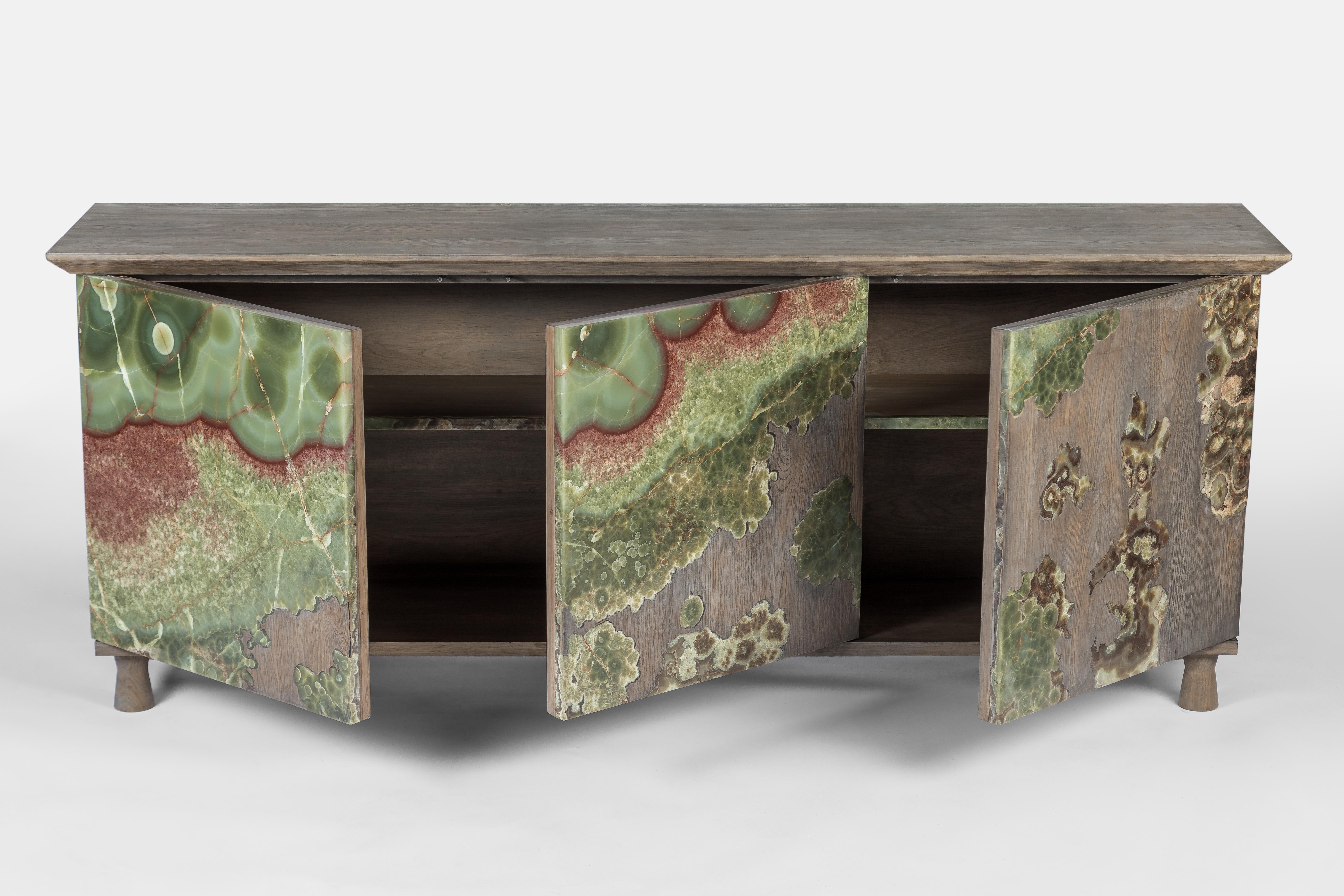 Italian Unique Onyx on Oak Nature Cabinet Sculpted by Francesco Perini For Sale