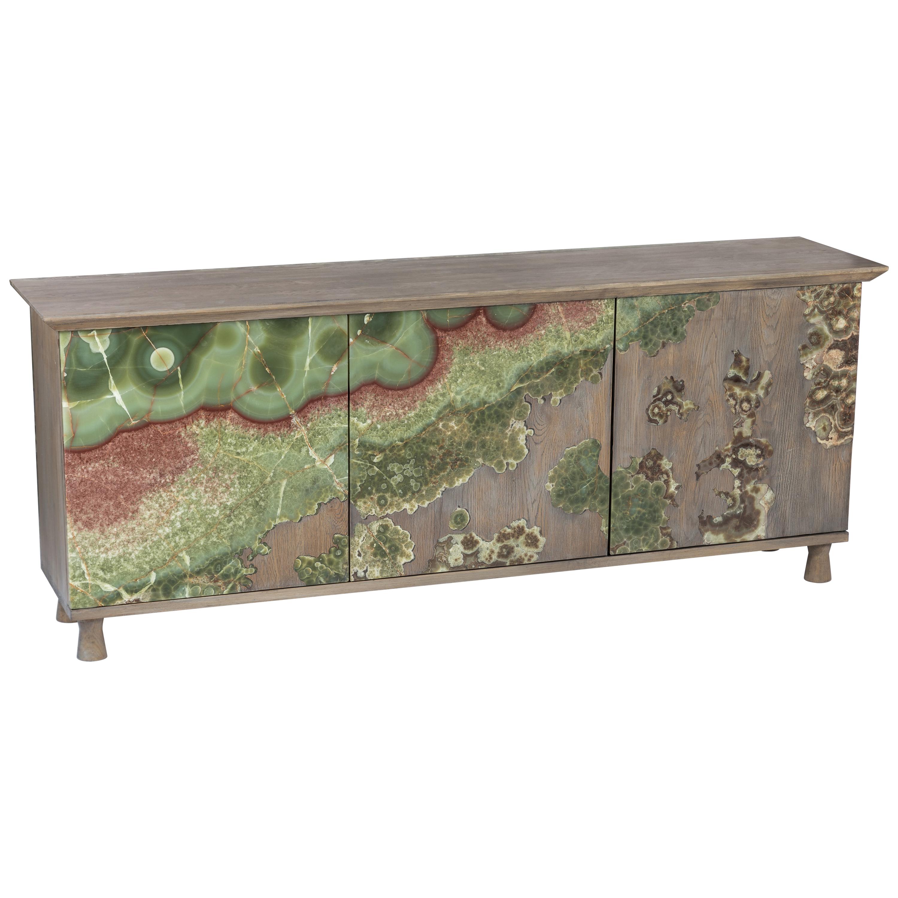 Unique Onyx on Oak Nature Cabinet Sculpted by Francesco Perini For Sale