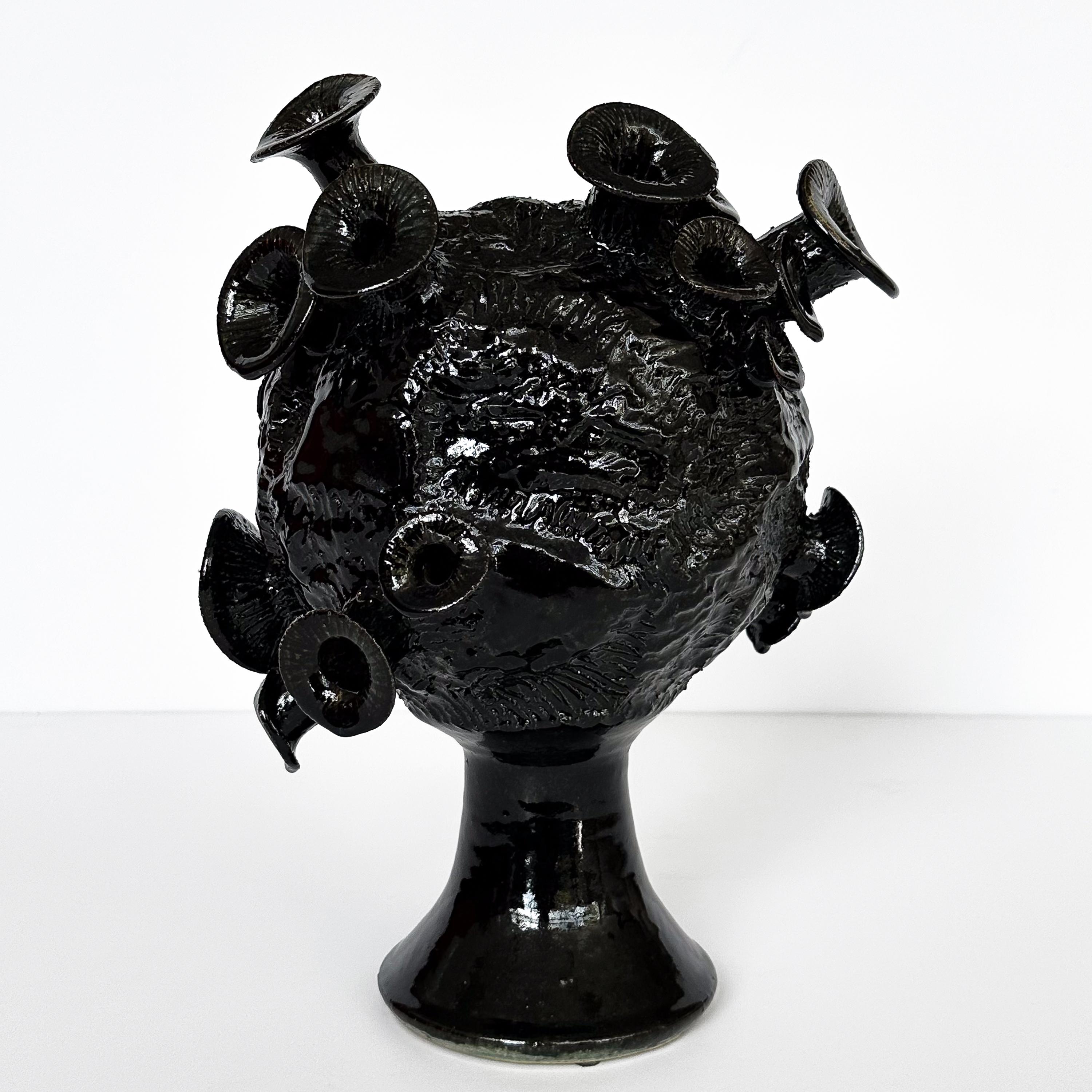 Mid-Century Modern Unique Organic Form Black Glazed Pottery Sculpture For Sale