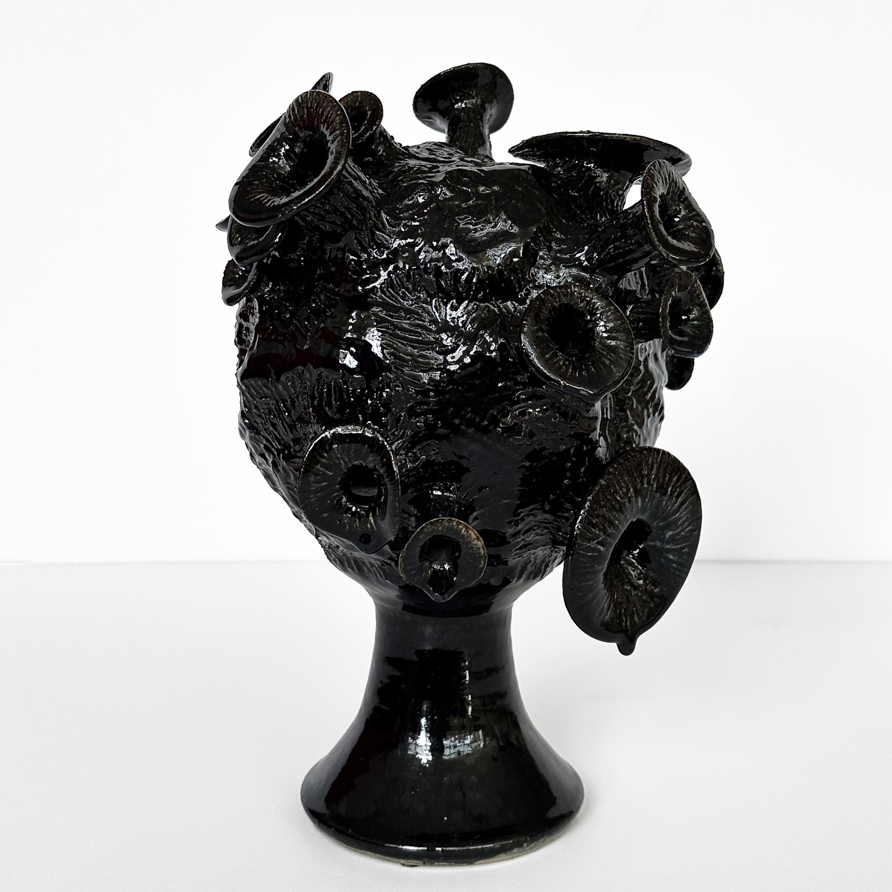 Unique Organic Form Black Glazed Pottery Sculpture In Good Condition For Sale In Chicago, IL