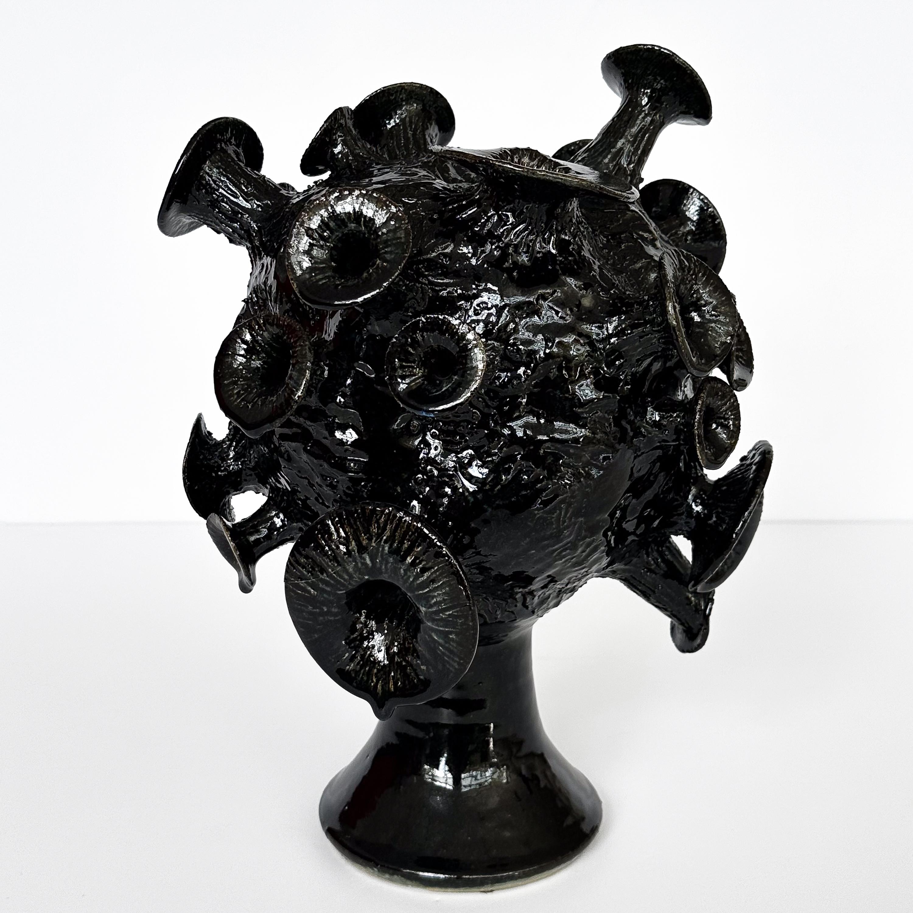 Unique Organic Form Black Glazed Pottery Sculpture For Sale 2