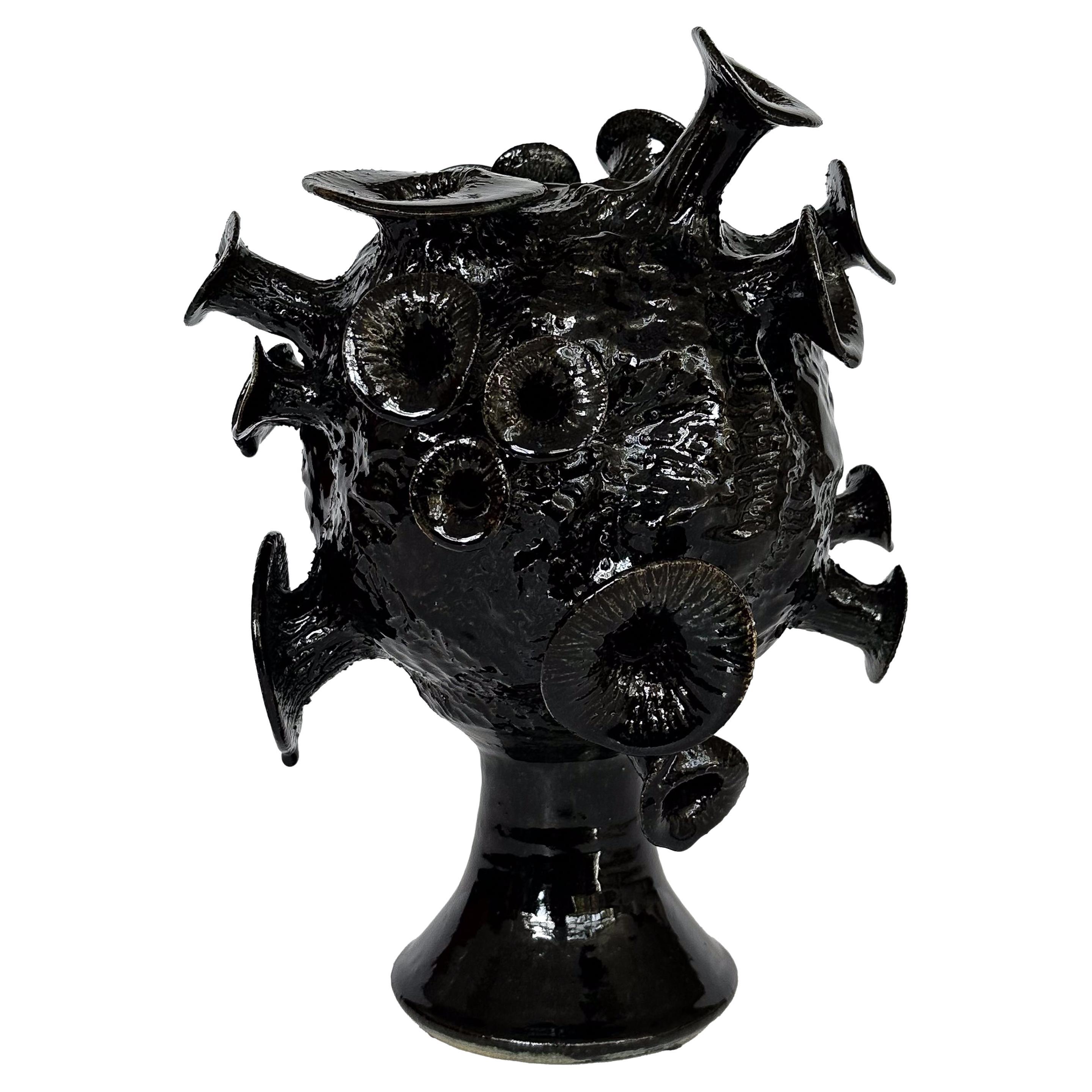 Unique Organic Form Black Glazed Pottery Sculpture For Sale