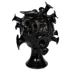 Retro Unique Organic Form Black Glazed Pottery Sculpture
