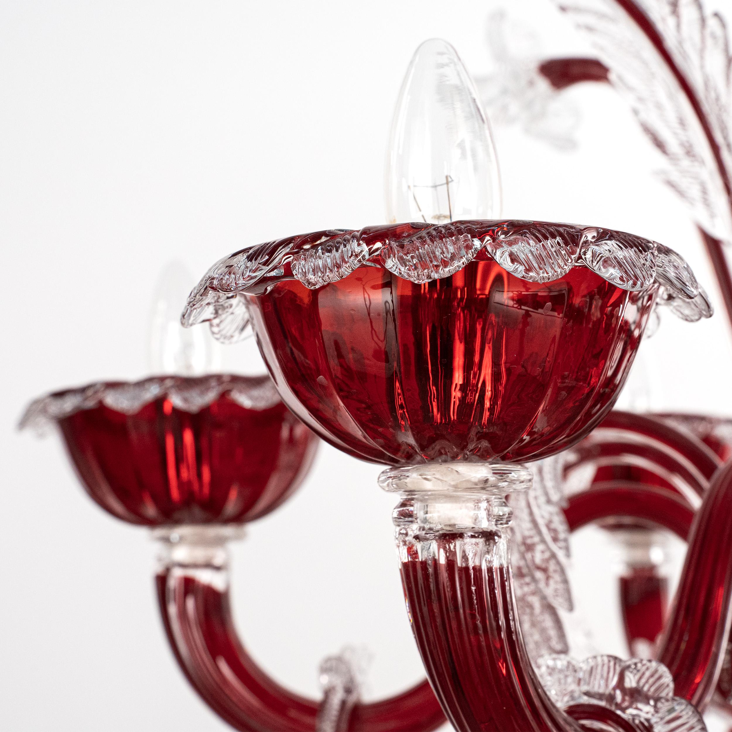 Italiano Lampadario originale unico di Murano in vetro rosso a 6 bracci Vintage Made in Italy in stock in vendita