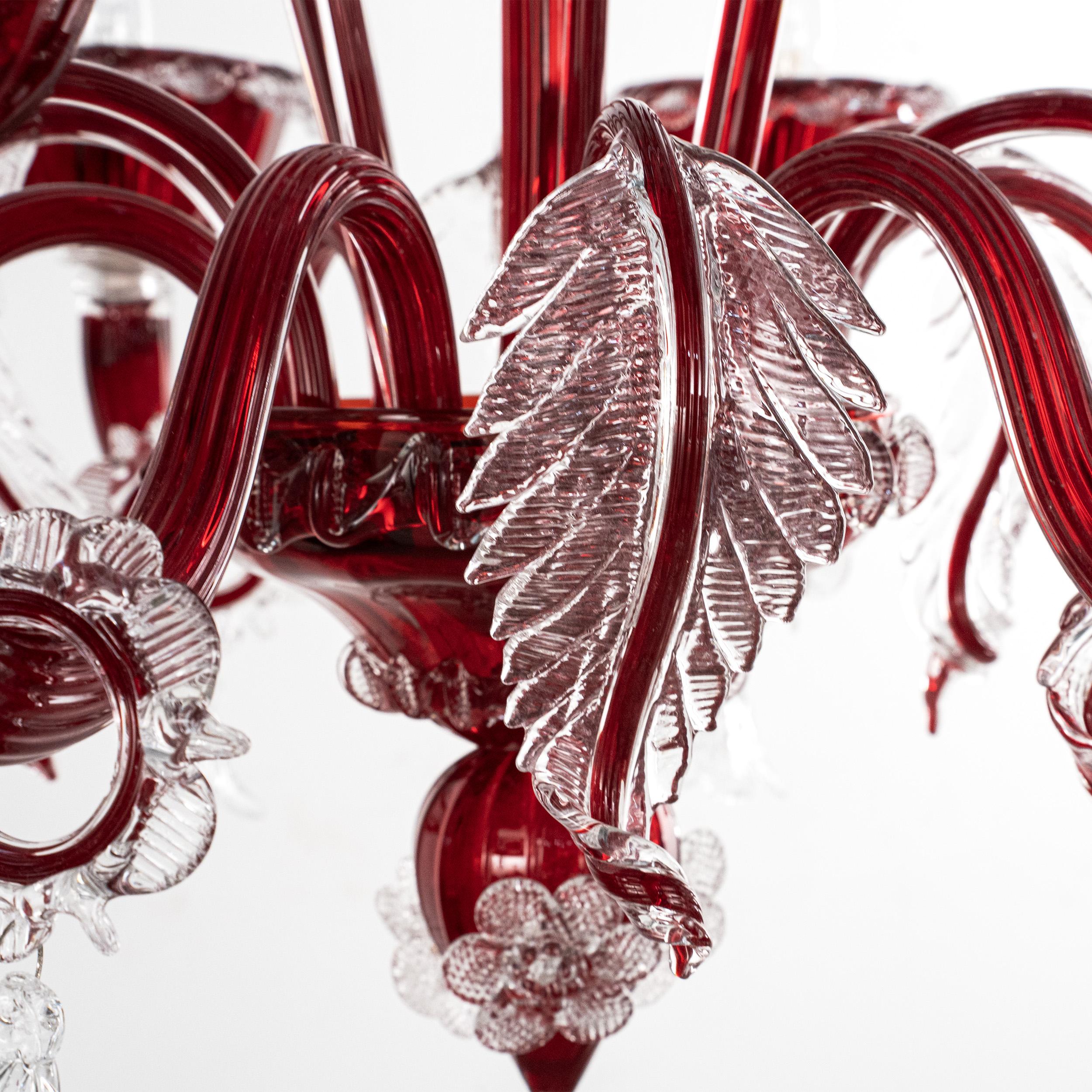 Lampadario originale unico di Murano in vetro rosso a 6 bracci Vintage Made in Italy in stock In condizioni ottime in vendita a Venezia, IT