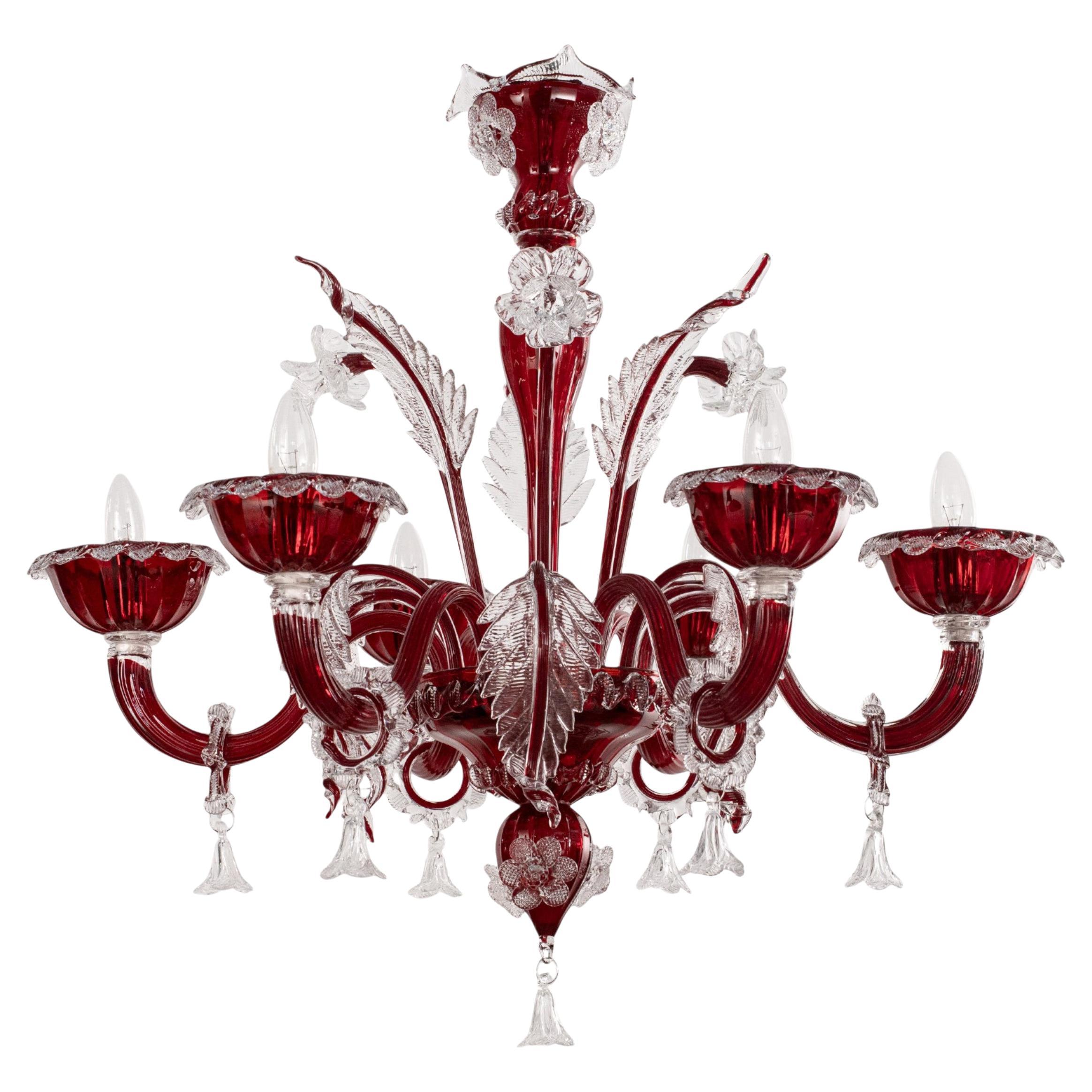 Lampadario originale unico di Murano in vetro rosso a 6 bracci Vintage Made in Italy in stock in vendita