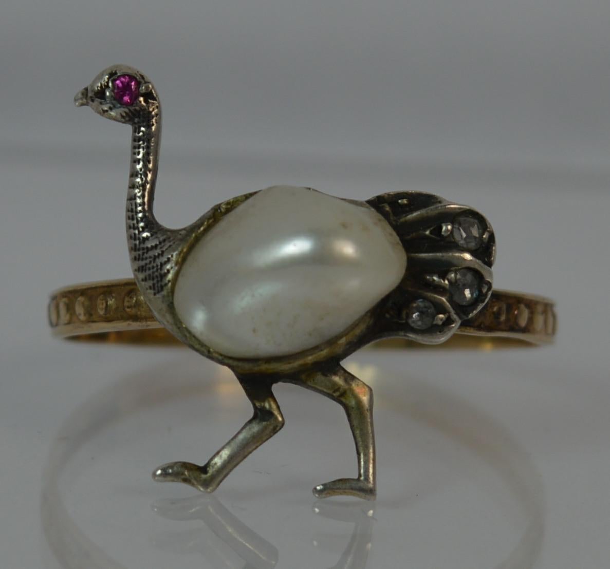 Unique Ostrich Design Victorian Pearl Ruby Diamond Novelty Gold Ring 9