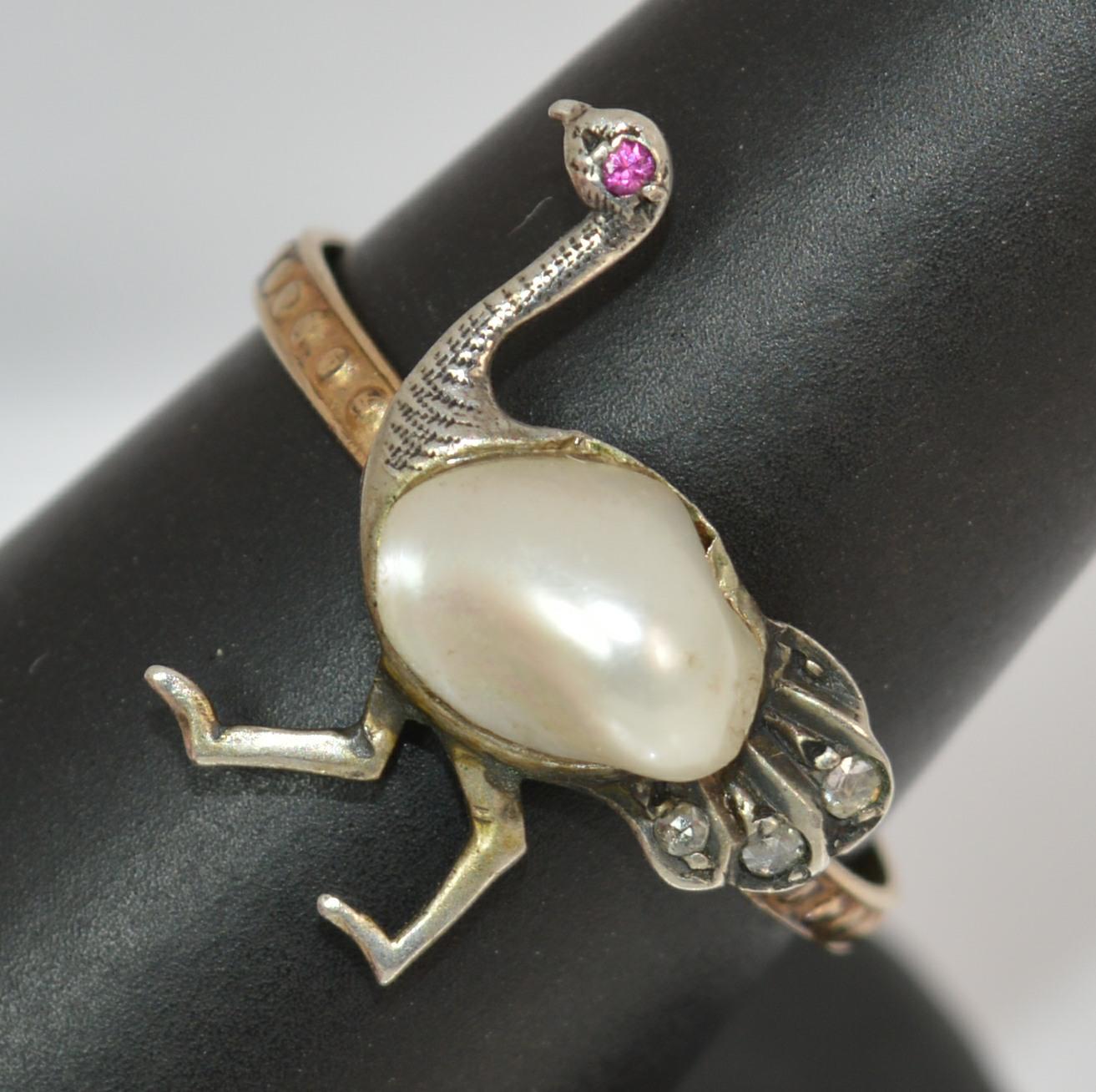 Unique Ostrich Design Victorian Pearl Ruby Diamond Novelty Gold Ring 10