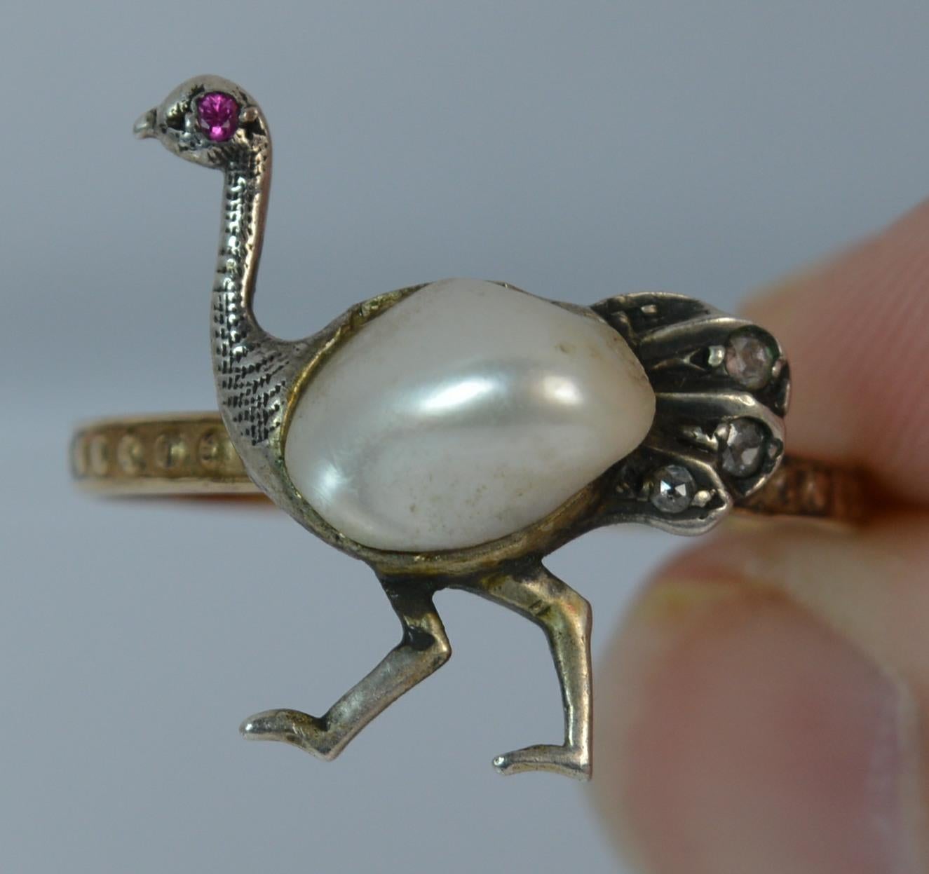 Unique Ostrich Design Victorian Pearl Ruby Diamond Novelty Gold Ring 2