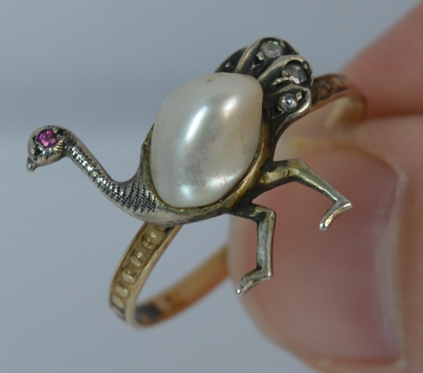 Unique Ostrich Design Victorian Pearl Ruby Diamond Novelty Gold Ring 3