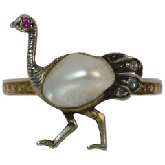 Vintage Unique Ostrich Design Victorian Pearl Ruby Diamond Novelty Gold Ring