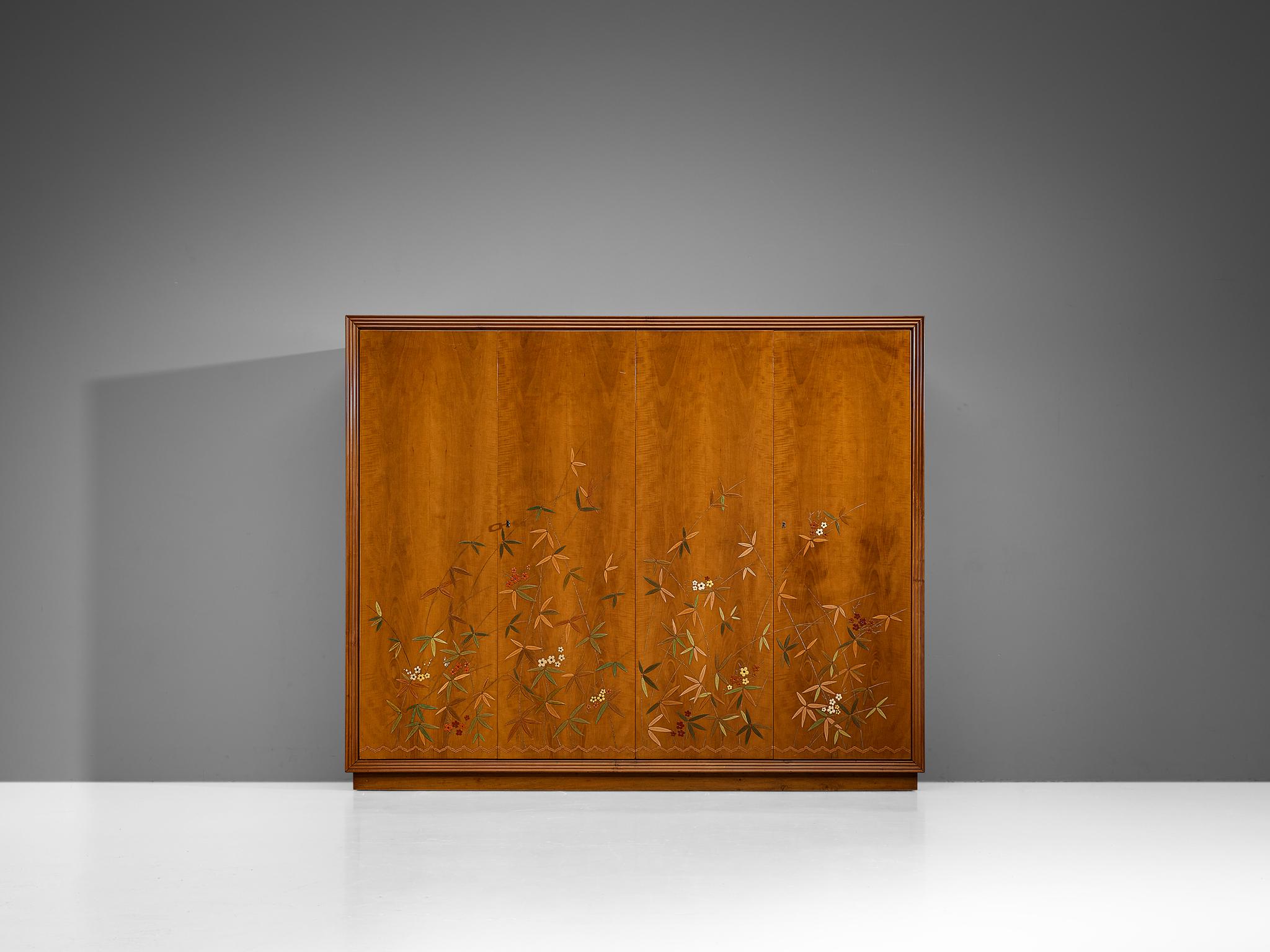 Metal Unique Osvaldo Borsani Highboard in Cherry with Flora and Fauna Motifs  For Sale