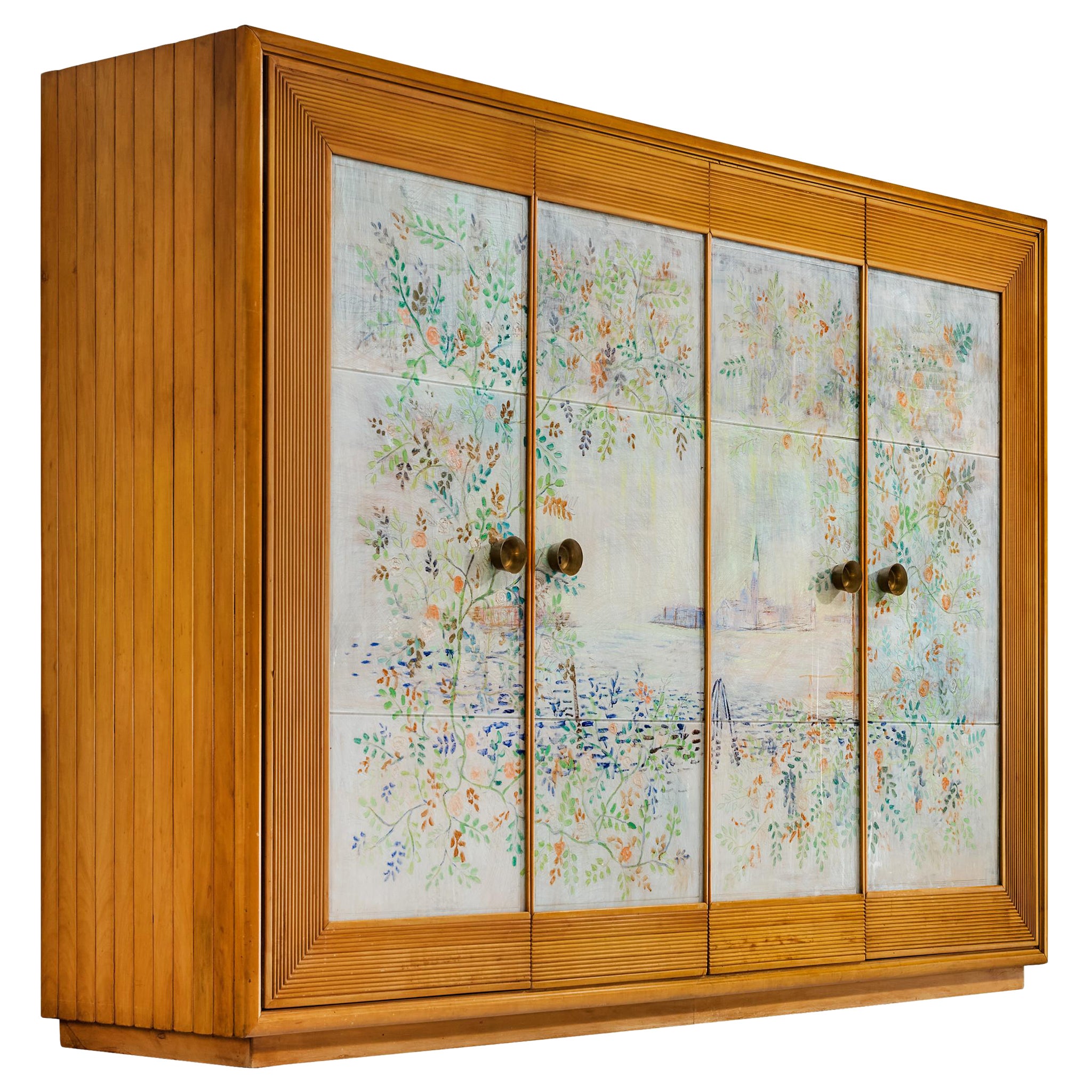 Unique Osvaldo Borsani Highboard in Cherry with Romantic Painted Panels