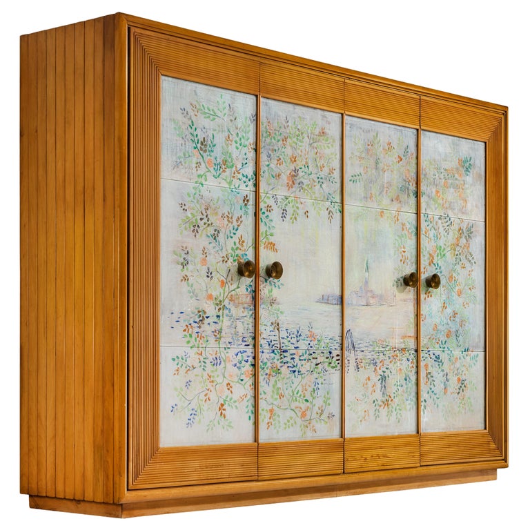 Unique Osvaldo Borsani Highboard in Cherry with Romantic Painted Panels
