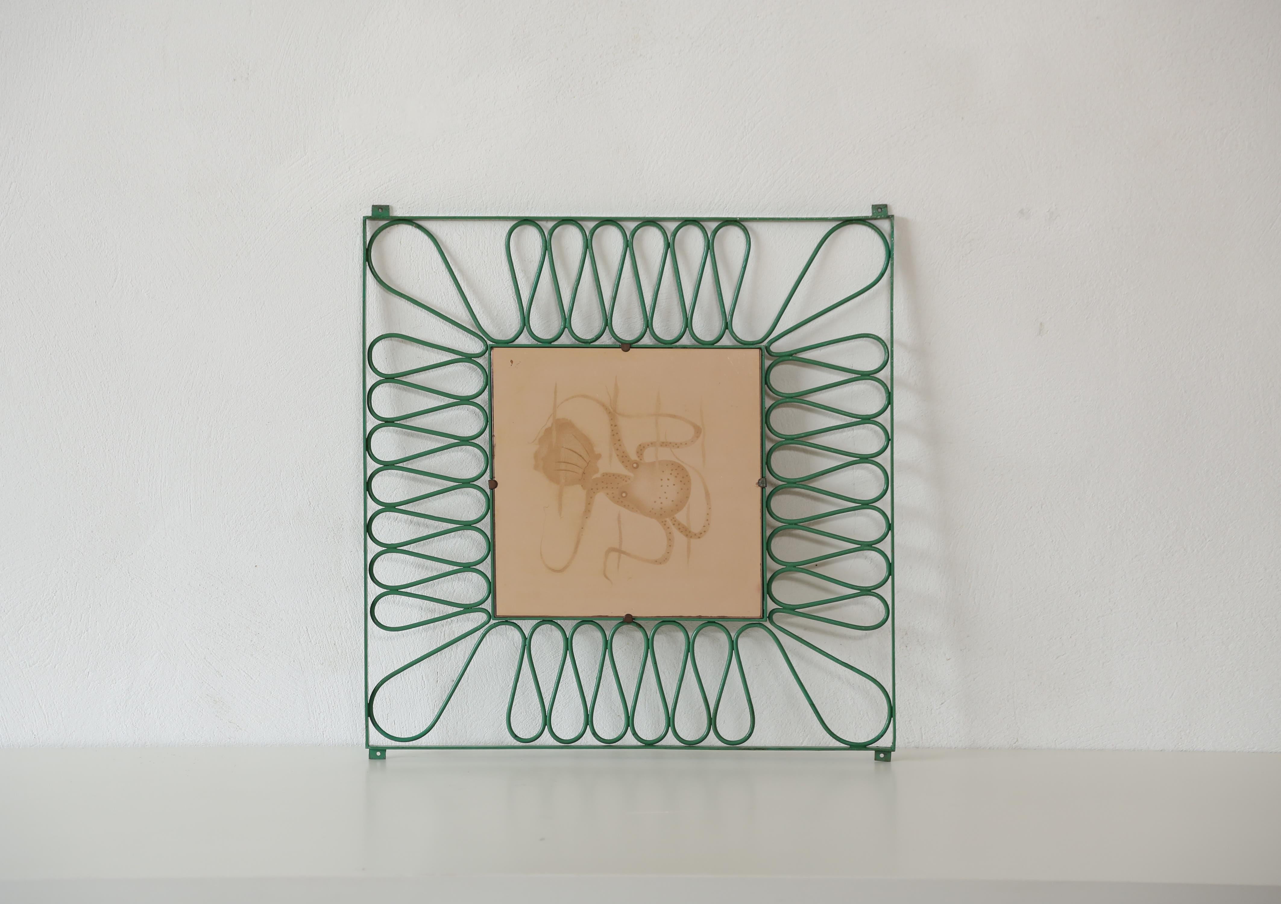 Unique Osvaldo Borsani Mirror / Frame, Arredamenti Borsani, Varedo, Italy, 1950s.   From a private Milanese villa.   Green painted metal and hand etched rose glass showing an octopus and fish.    Several pieces with different designs available.   