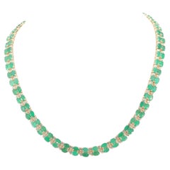 Unique Oval Cut Natural Emerald Diamonds Gold Necklace, 18K Gold