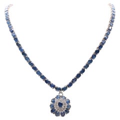 Unique Oval Cut  Natural Sapphire Diamond Pendant Necklace