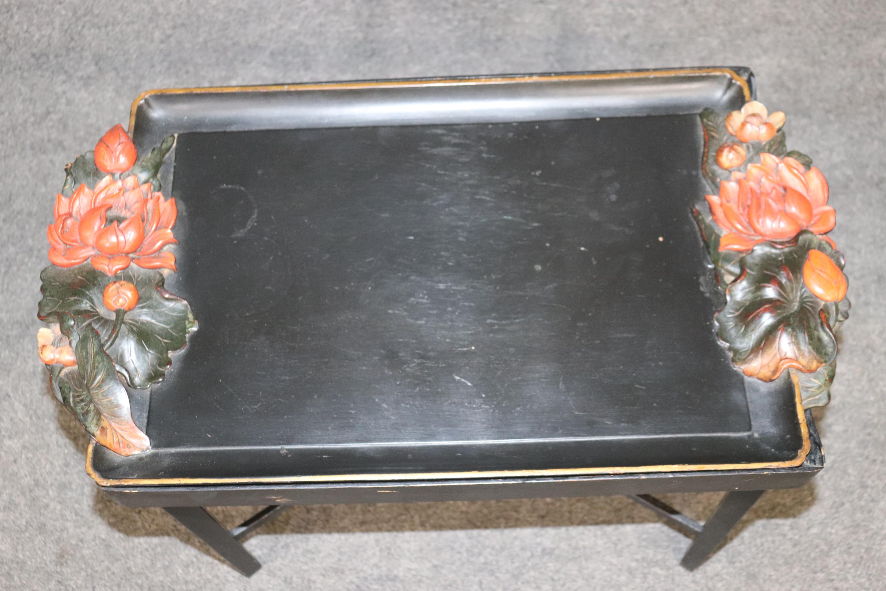 Unique Paint Decorated Ebonized Carved Italian Tray Top Coffee Table For Sale 4