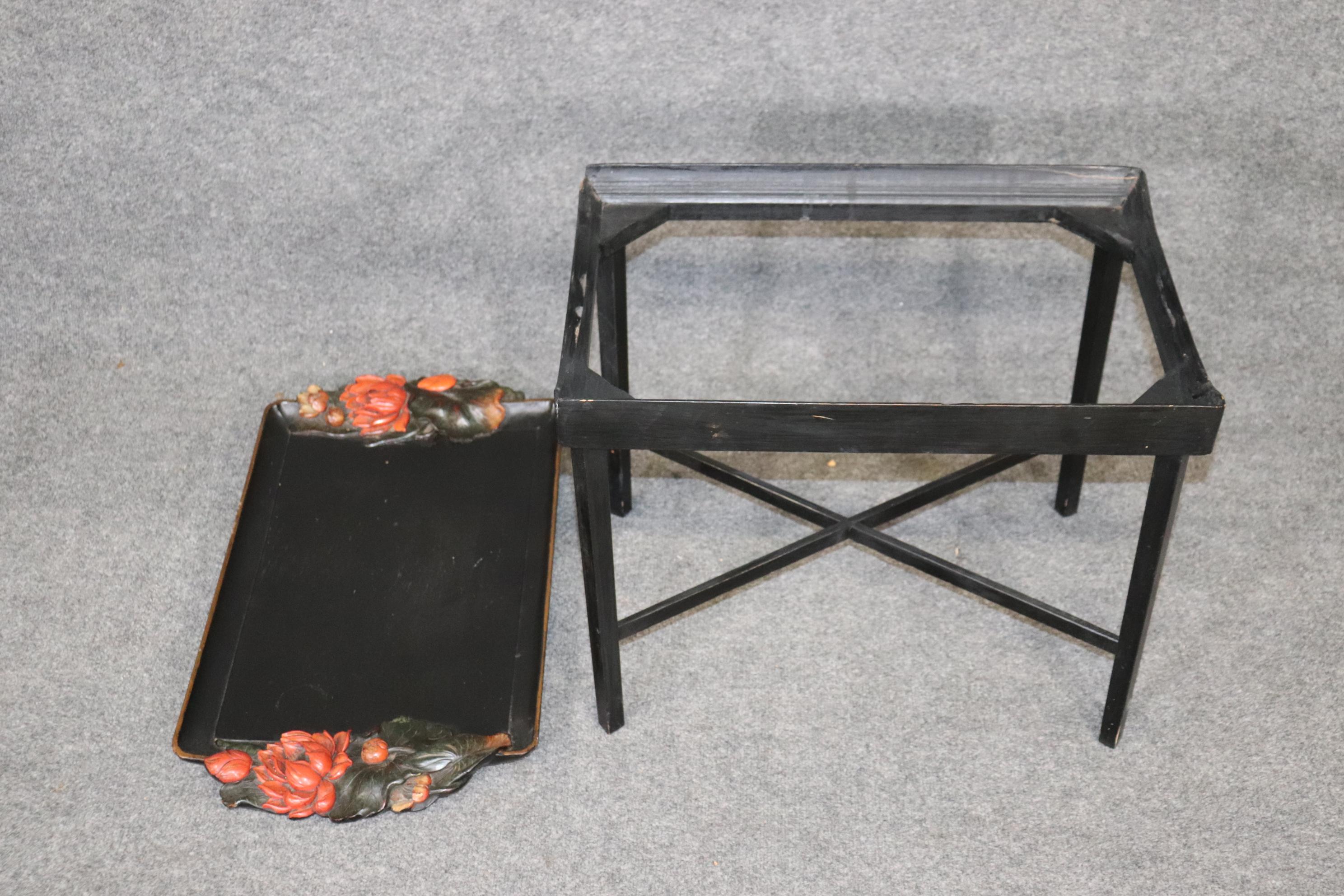 Mid-20th Century Unique Paint Decorated Ebonized Carved Italian Tray Top Coffee Table For Sale