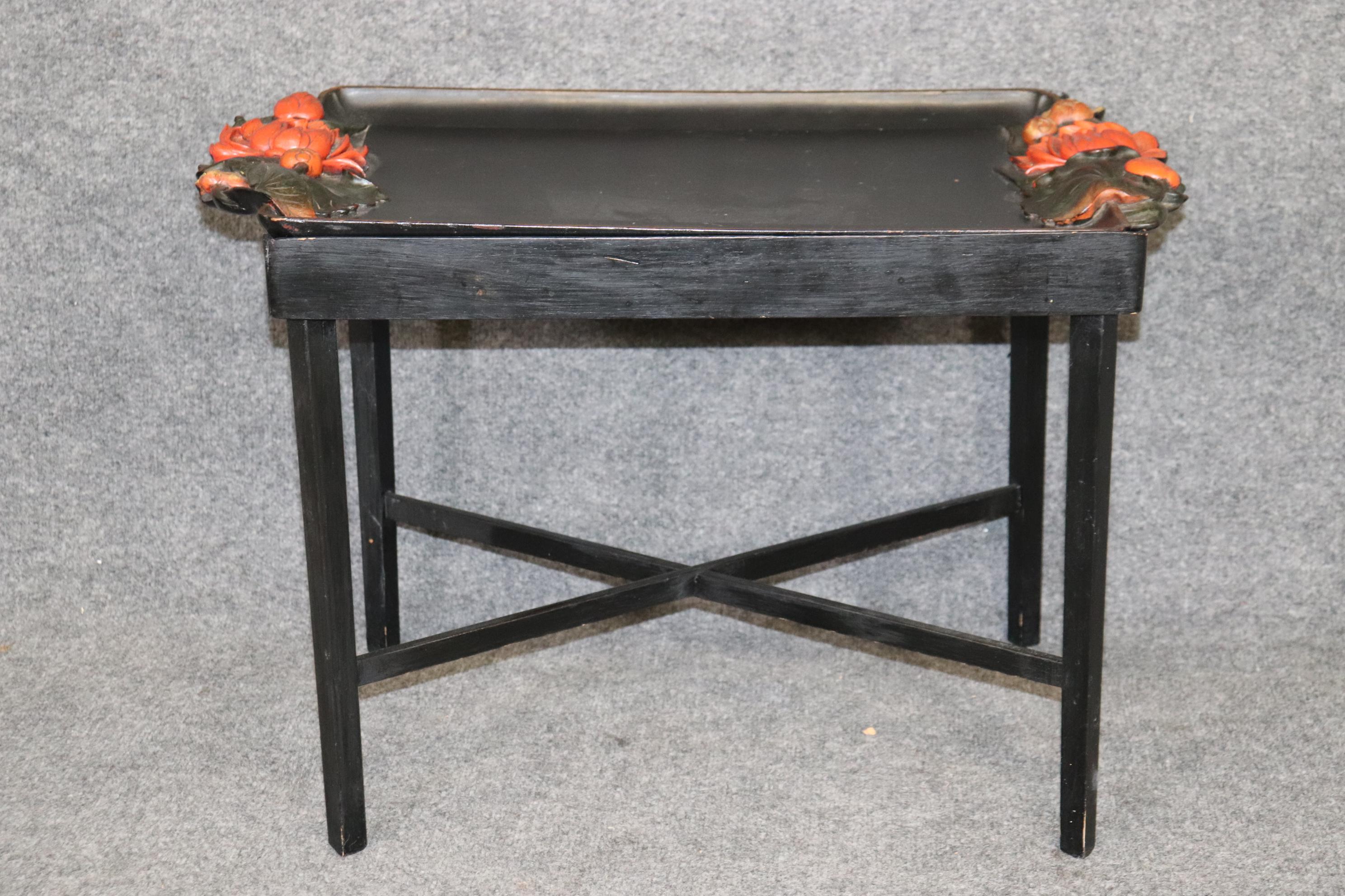 Walnut Unique Paint Decorated Ebonized Carved Italian Tray Top Coffee Table For Sale