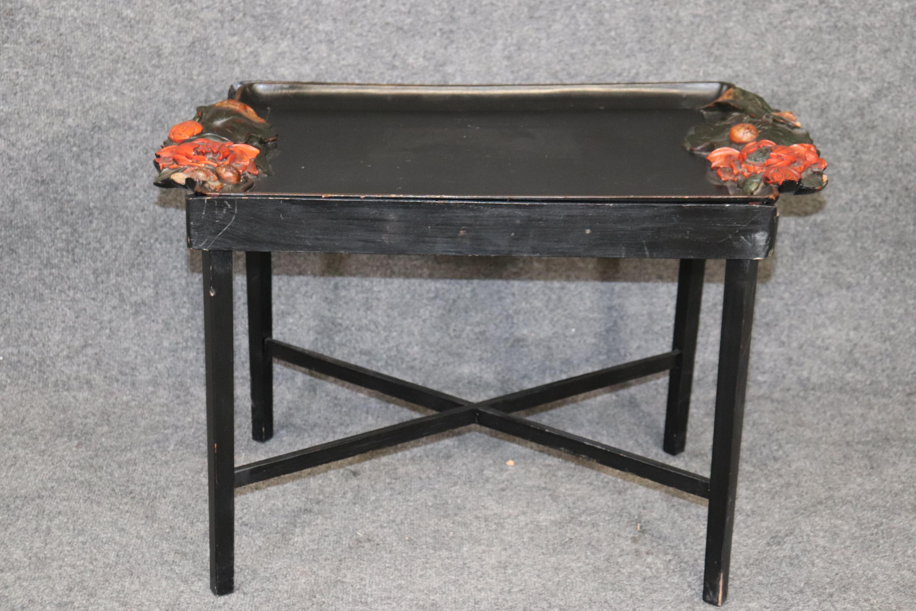 Unique Paint Decorated Ebonized Carved Italian Tray Top Coffee Table For Sale 2