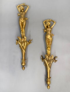 Unique Pair  Early 20th Century Art Nouveau Gilt Bronze Hanging Wall Sculptures