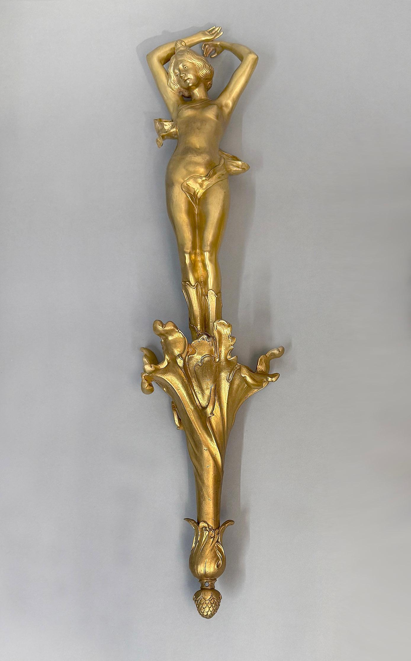 French Unique Pair  Early 20th Century Art Nouveau Gilt Bronze Hanging Wall Sculptures For Sale