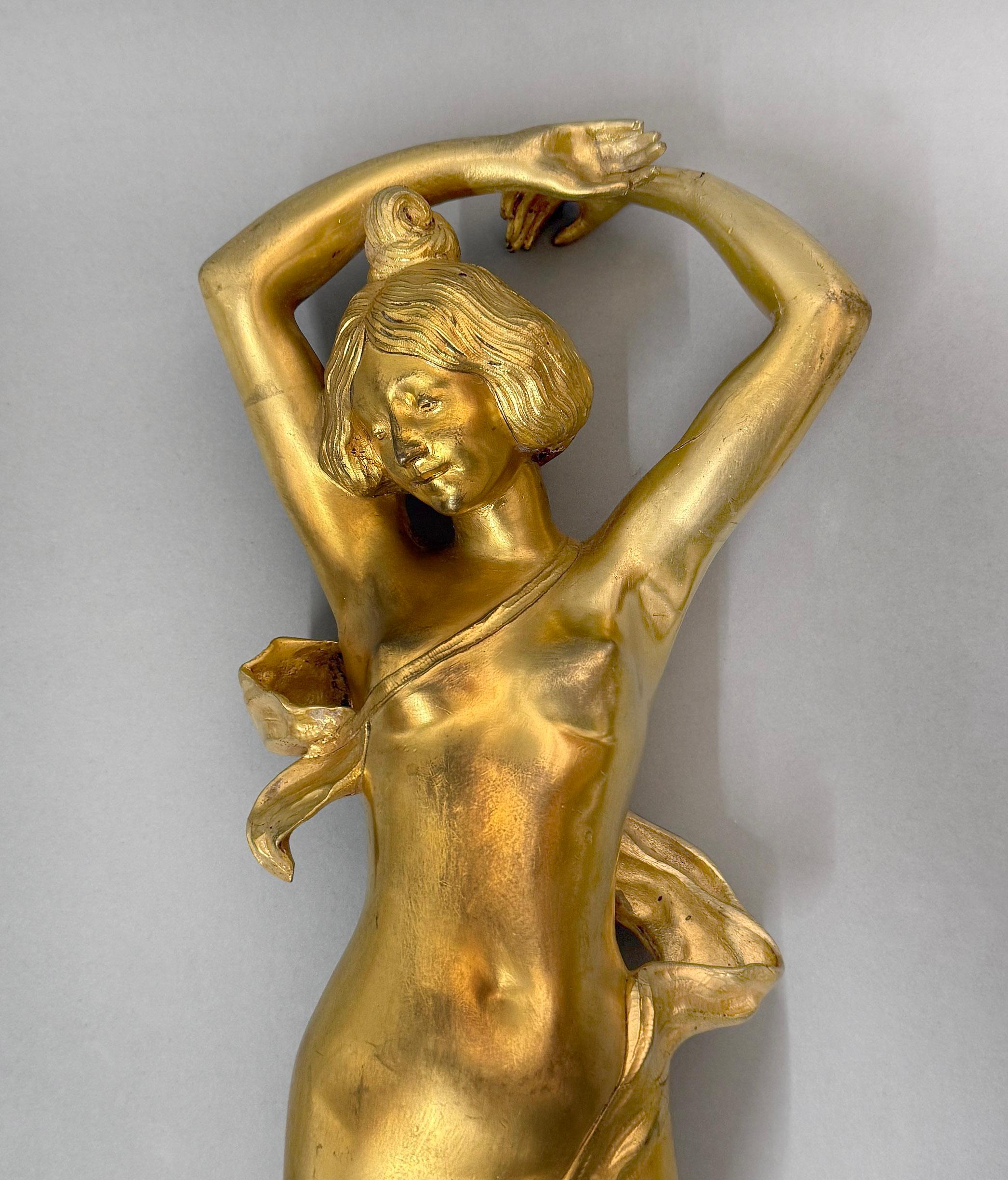 Unique Pair  Early 20th Century Art Nouveau Gilt Bronze Hanging Wall Sculptures For Sale 1