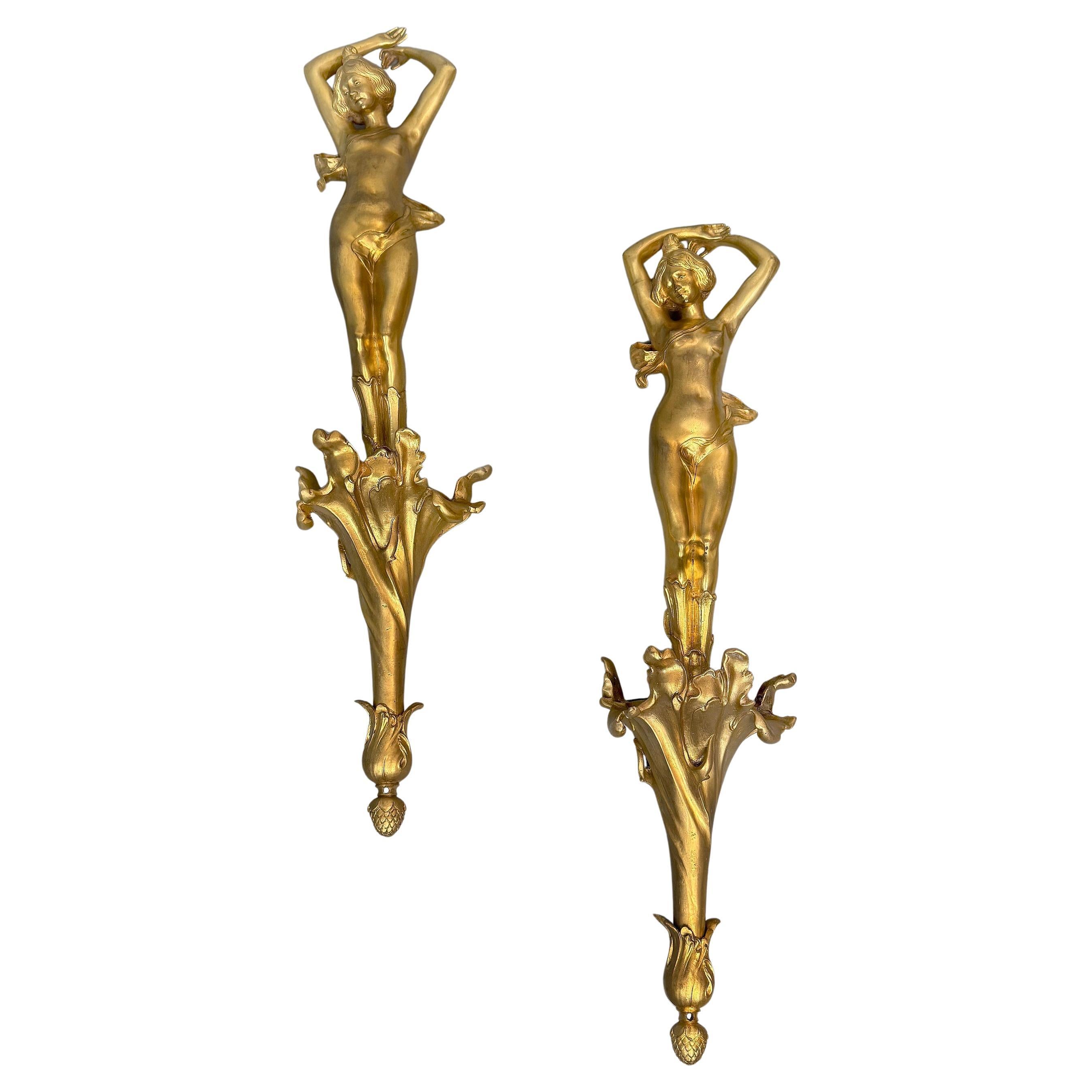 Unique Pair  Early 20th Century Art Nouveau Gilt Bronze Hanging Wall Sculptures
