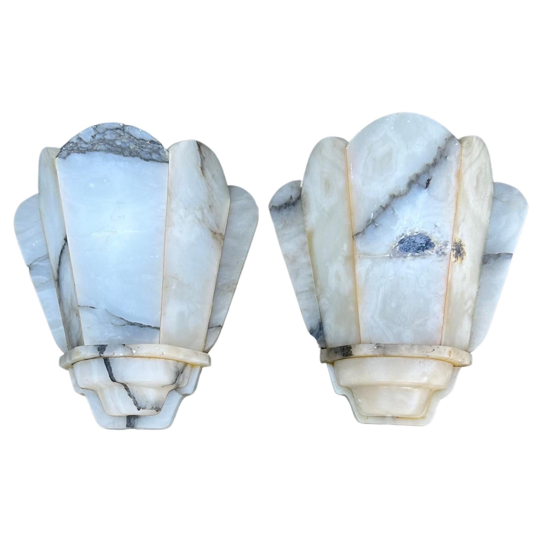 Unique Pair Handcrafted Pure Art Deco Fan Design Alabaster Wall Sconces, 1920s