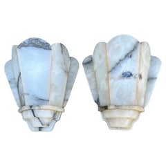Unique Pair Handcrafted Pure Art Deco Fan Design Alabaster Wall Sconces, 1920s
