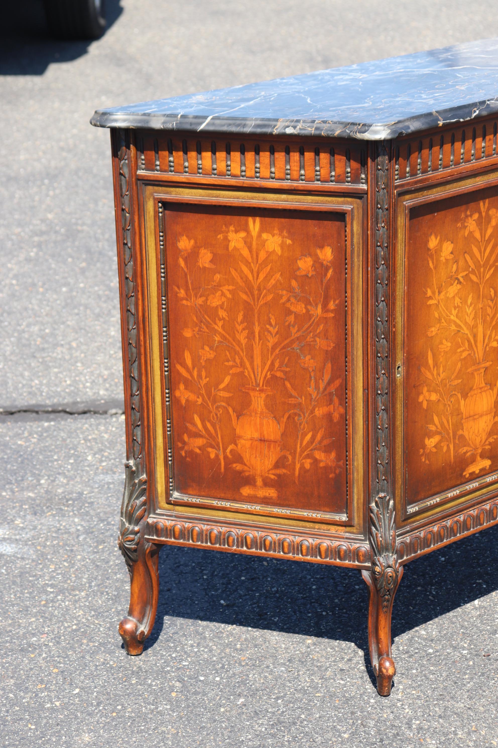 Louis XV Unique Pair Inlaid Italian Trapezoidal Marble Top Side Cabinets Nightstands