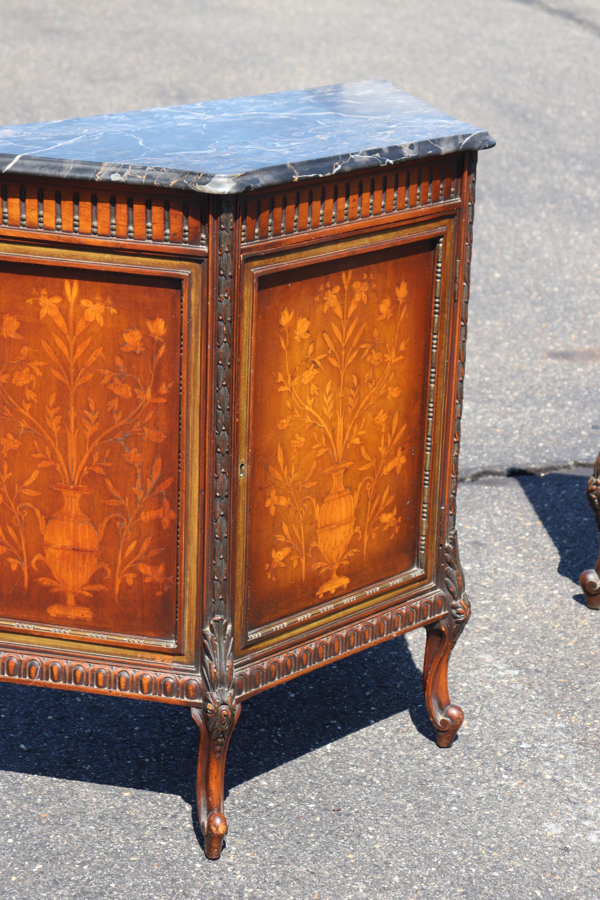 Unique Pair Inlaid Italian Trapezoidal Marble Top Side Cabinets Nightstands In Good Condition In Swedesboro, NJ