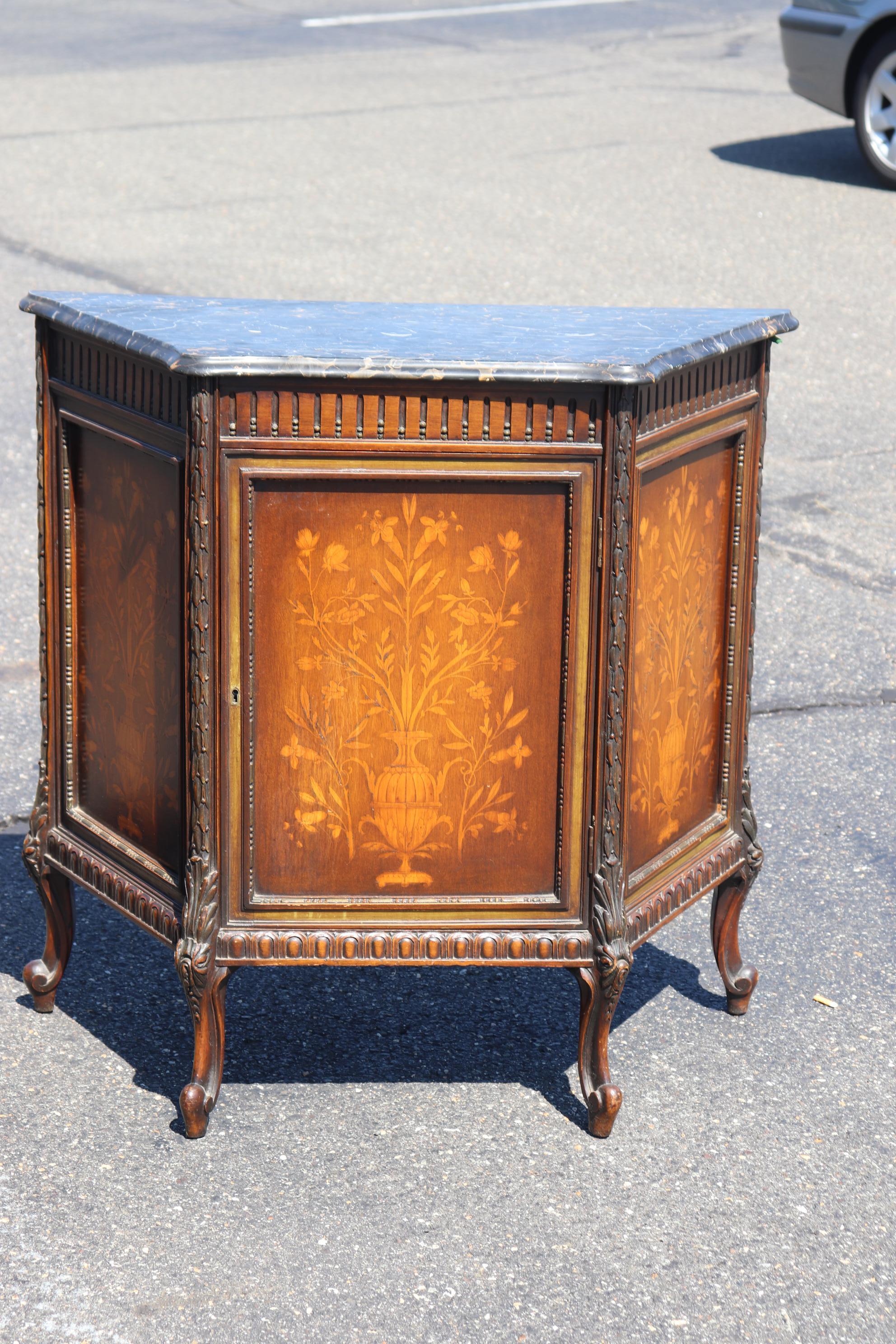Early 20th Century Unique Pair Inlaid Italian Trapezoidal Marble Top Side Cabinets Nightstands