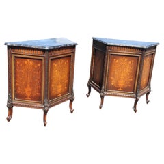 Antique Unique Pair Inlaid Italian Trapezoidal Marble Top Side Cabinets Nightstands