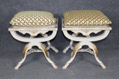 Unique Pair Italian Cerule Form Gilt Decorated Creme Painted Upholstered Stools