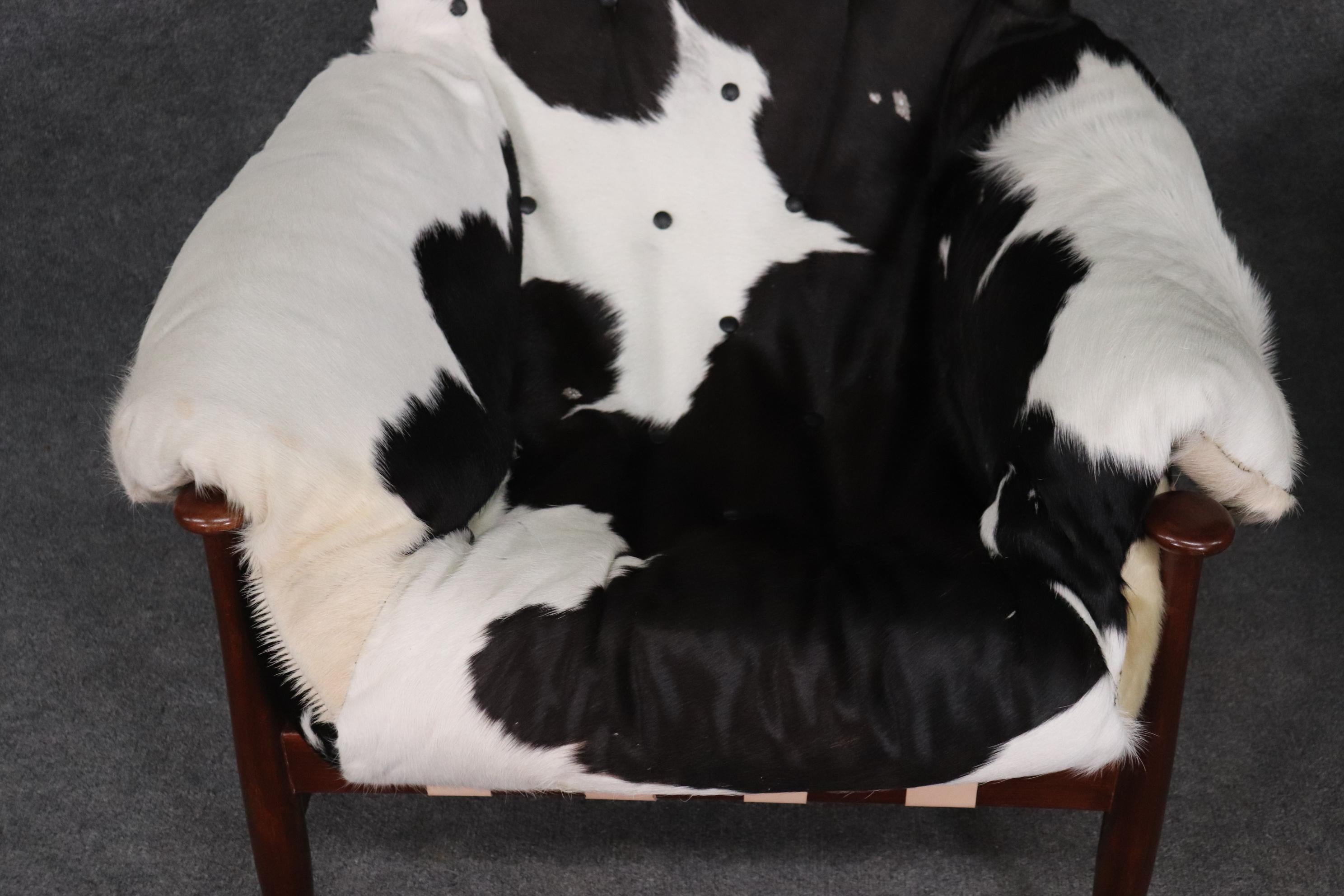 Unique Pair Mid Century Modern Cowhide Upholstered Club Chairs circa 1960s 1