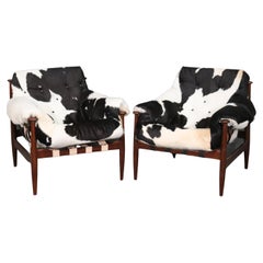 Unique Pair Mid Century Modern Cowhide Upholstered Club Chairs circa 1960s