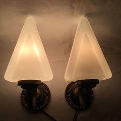 Unique Pair of 1970s French Art Deco Style Brass and Milk Glass Sconces