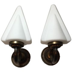 Unique Pair of 1970s French Art Deco Style Brass and Milk Glass Sconces